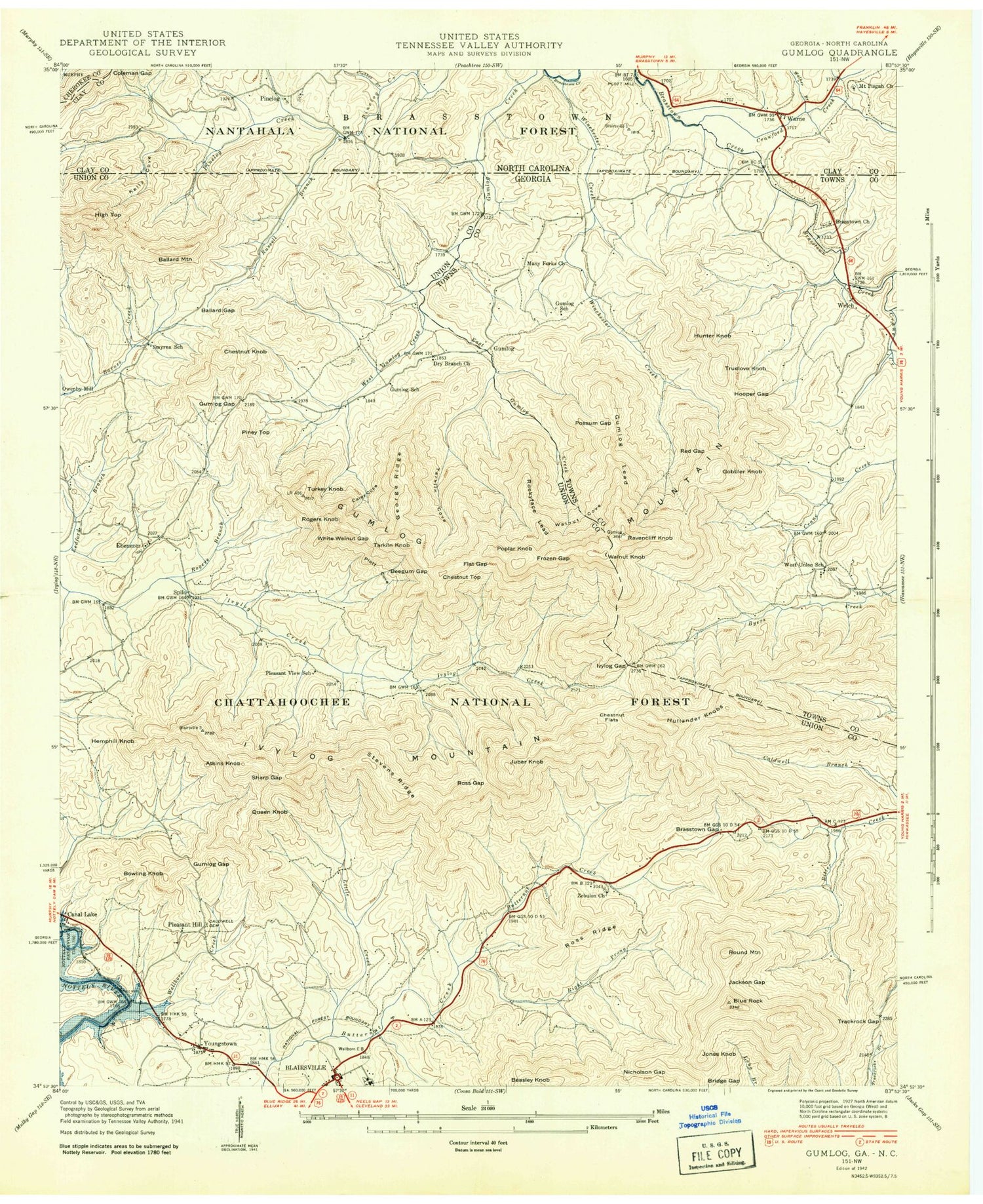 Classic USGS Blairsville Georgia 7.5'x7.5' Topo Map Image