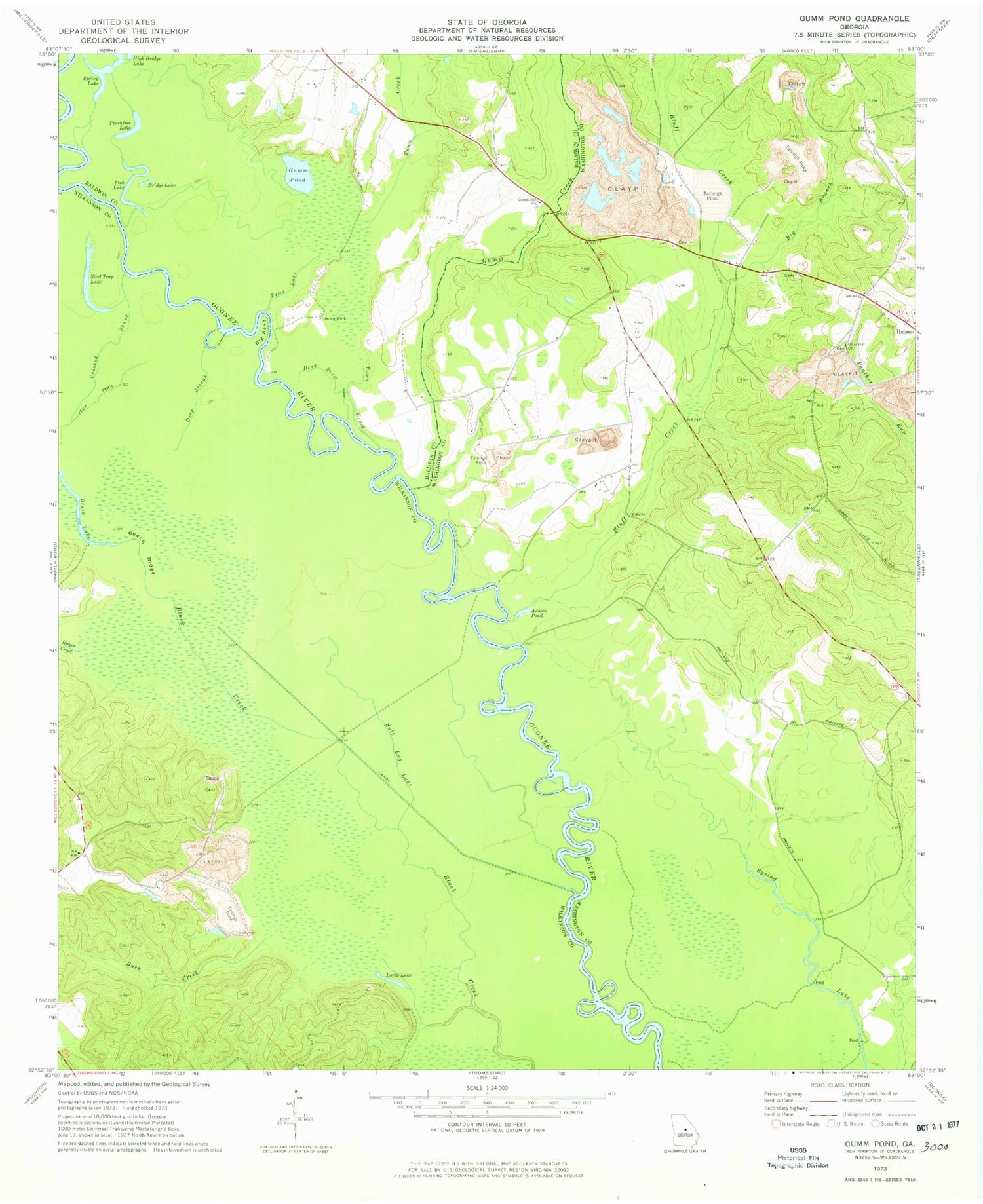 Classic USGS Gumm Pond Georgia 7.5'x7.5' Topo Map Image