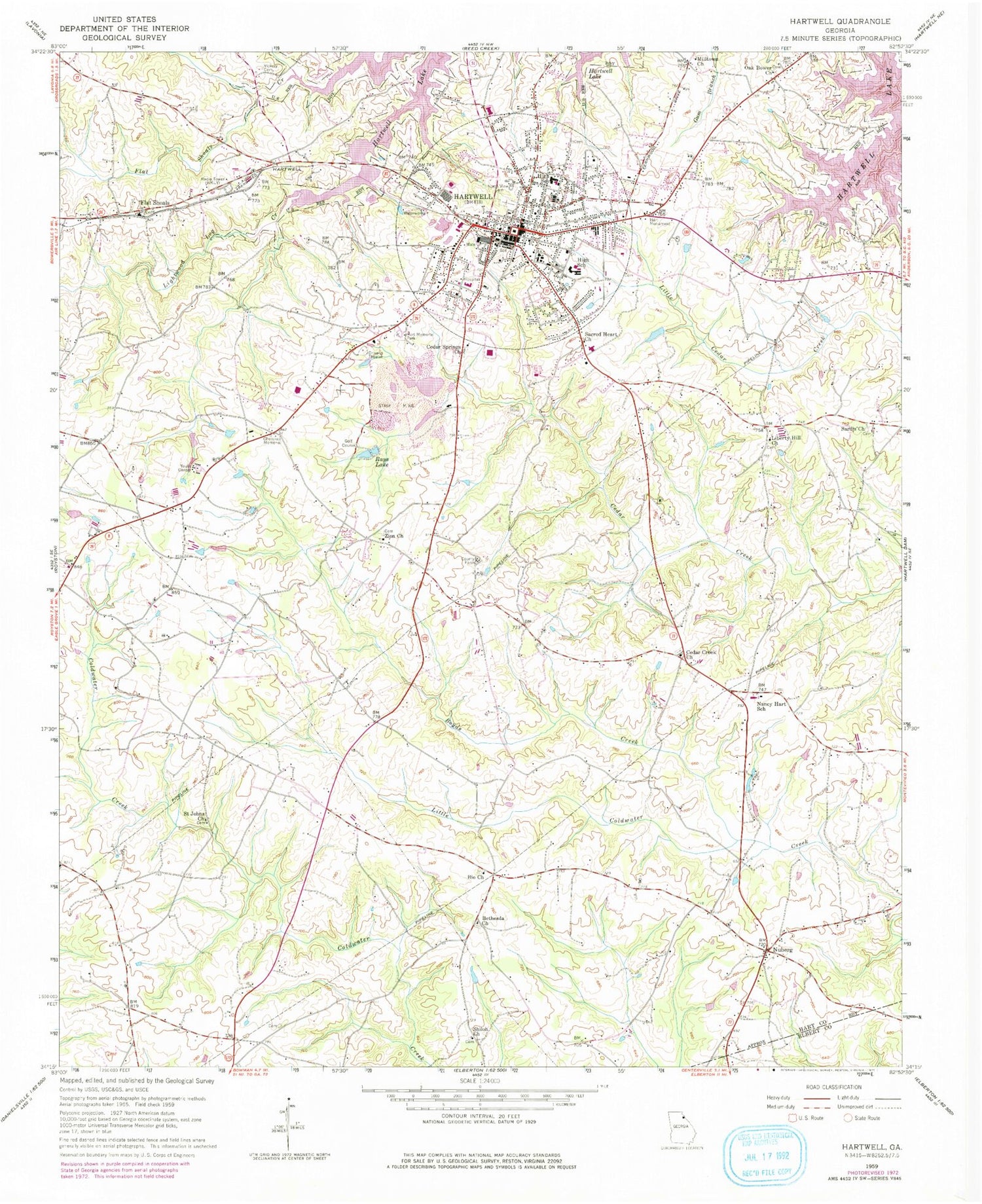 Classic USGS Hartwell Georgia 7.5'x7.5' Topo Map Image