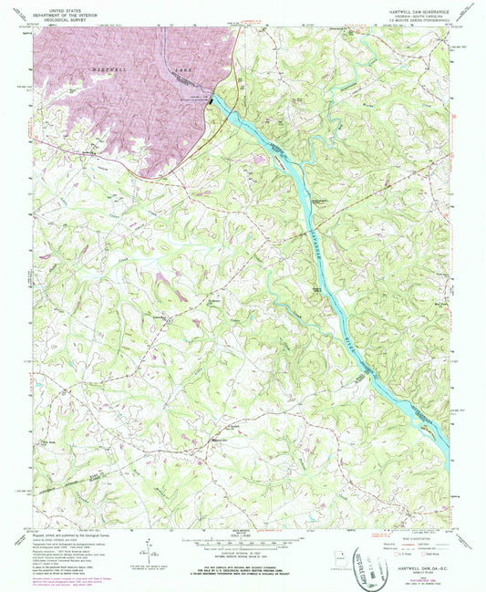 Classic USGS Hartwell Dam Georgia 7.5'x7.5' Topo Map Image