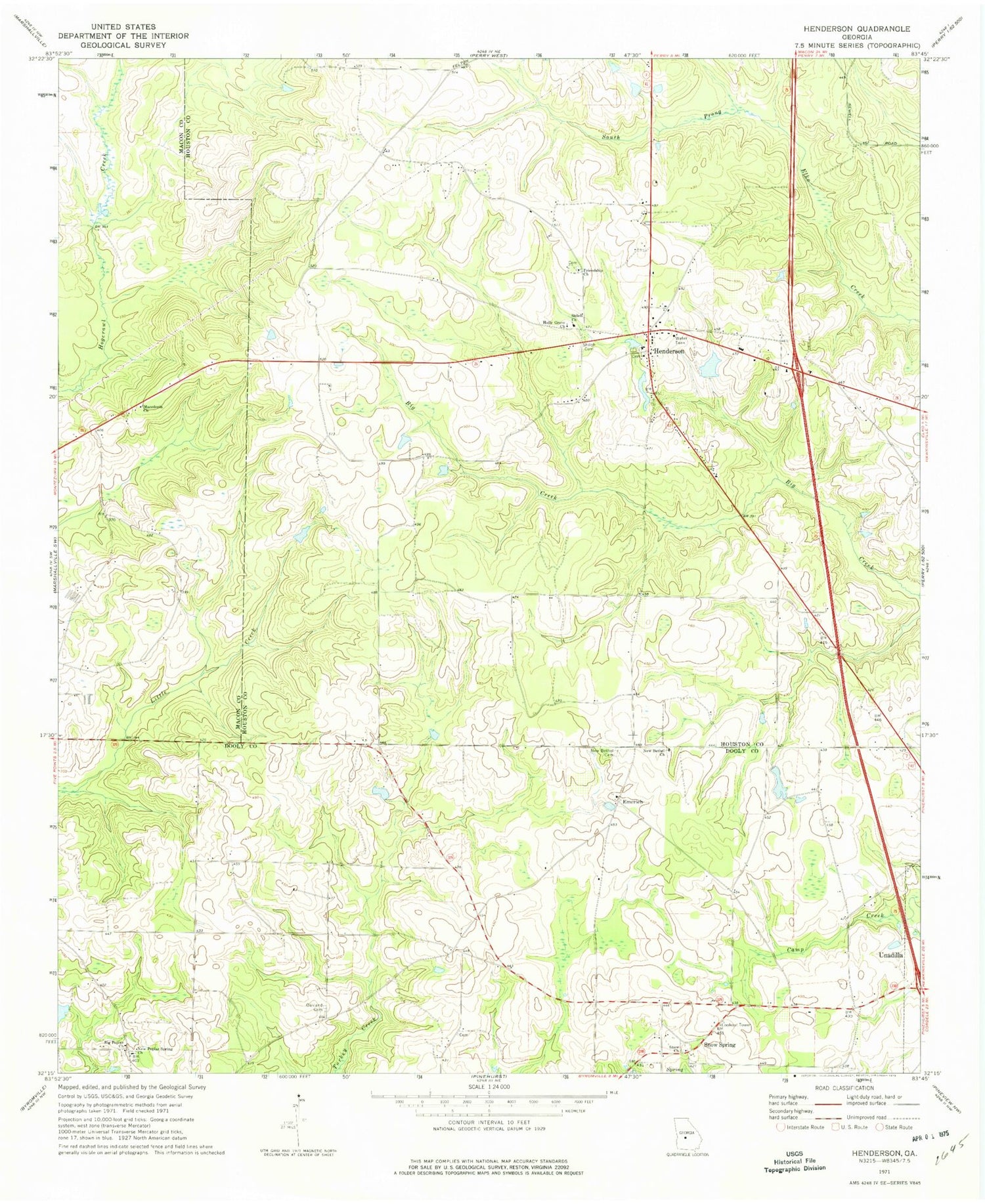 Classic USGS Henderson Georgia 7.5'x7.5' Topo Map Image