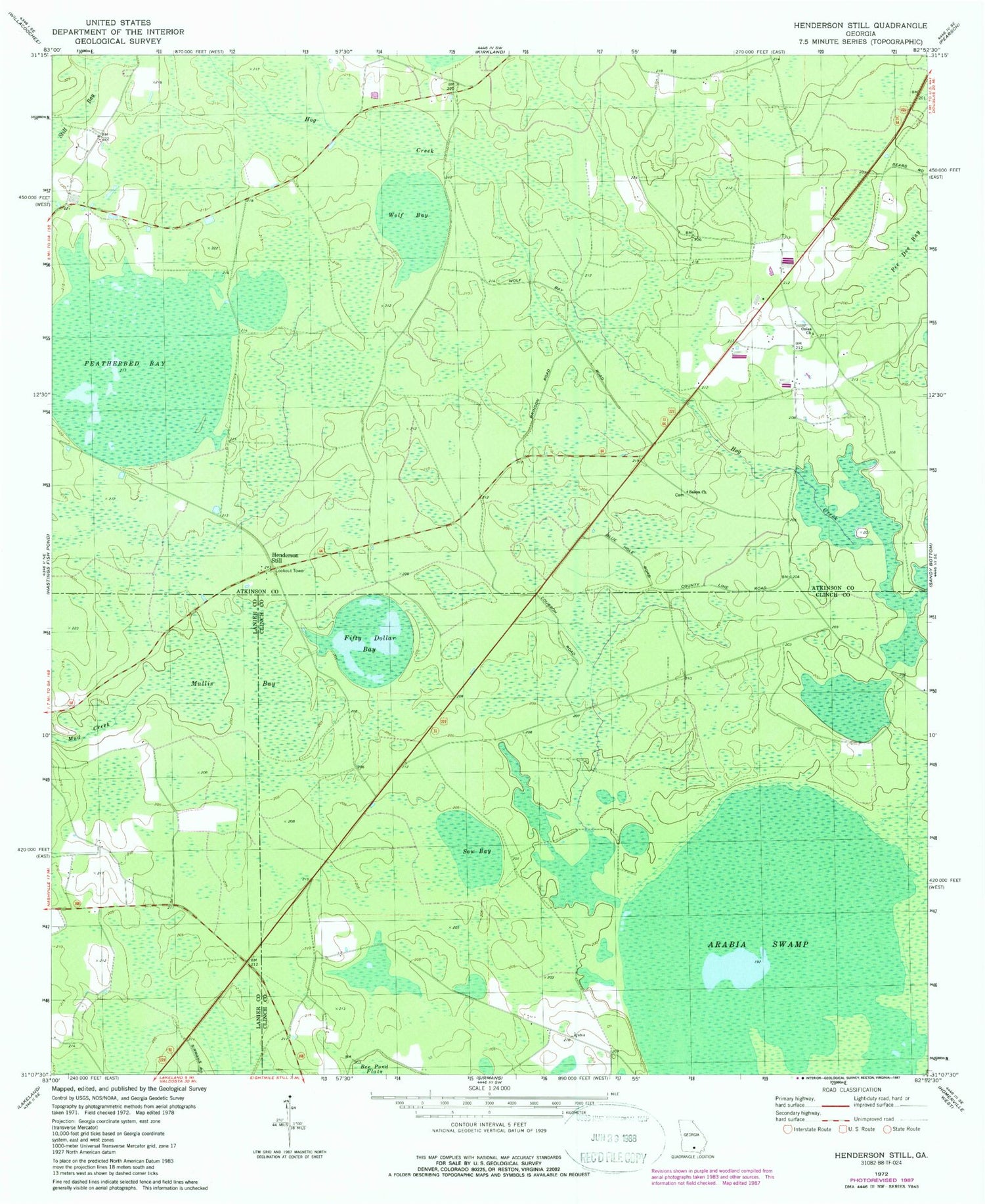 Classic USGS Henderson Still Georgia 7.5'x7.5' Topo Map Image