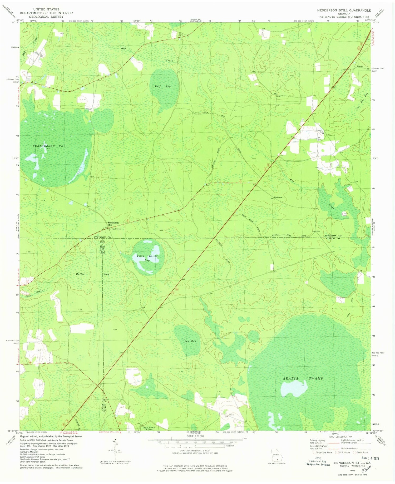 Classic USGS Henderson Still Georgia 7.5'x7.5' Topo Map Image