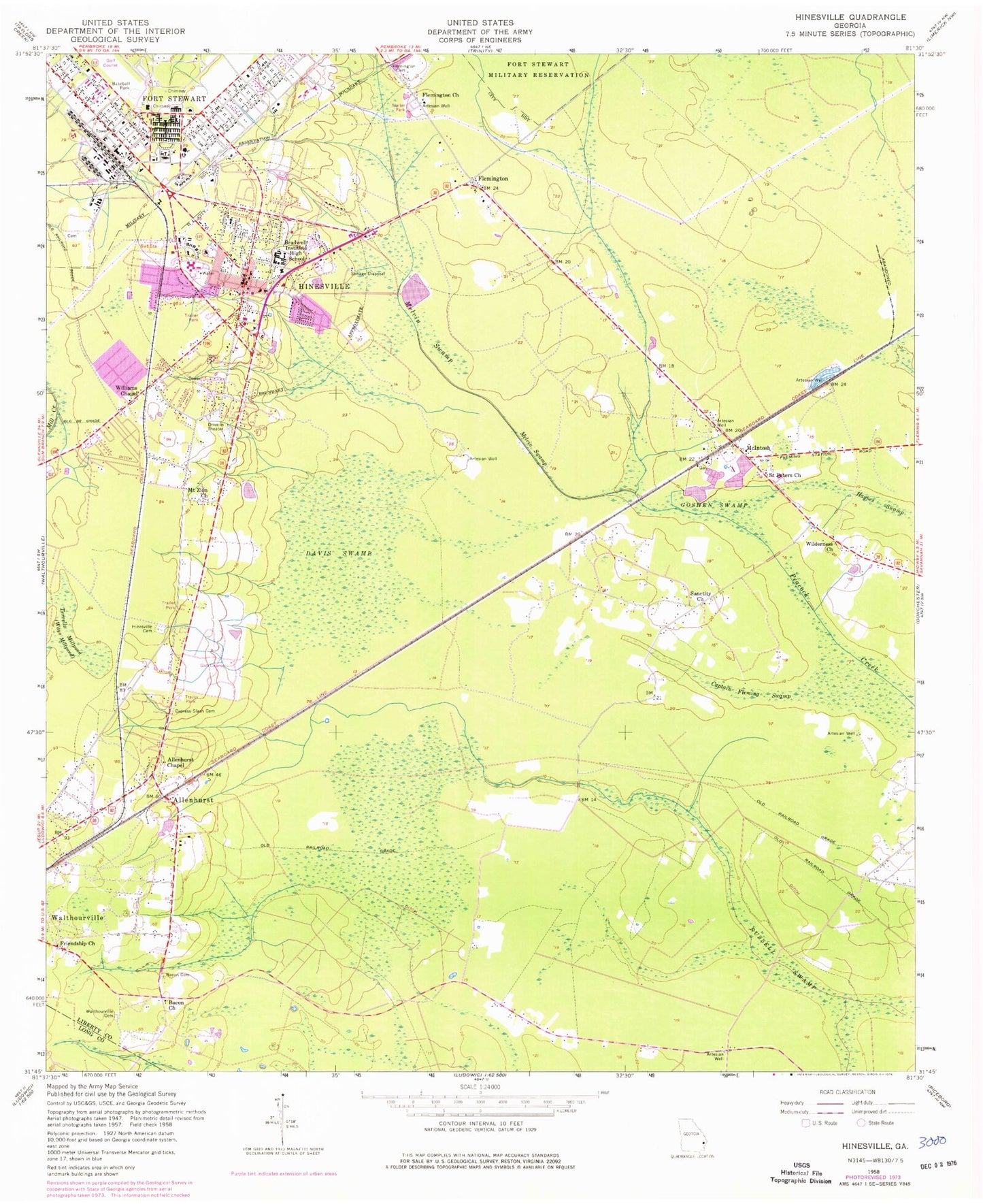 Classic USGS Hinesville Georgia 7.5'x7.5' Topo Map Image