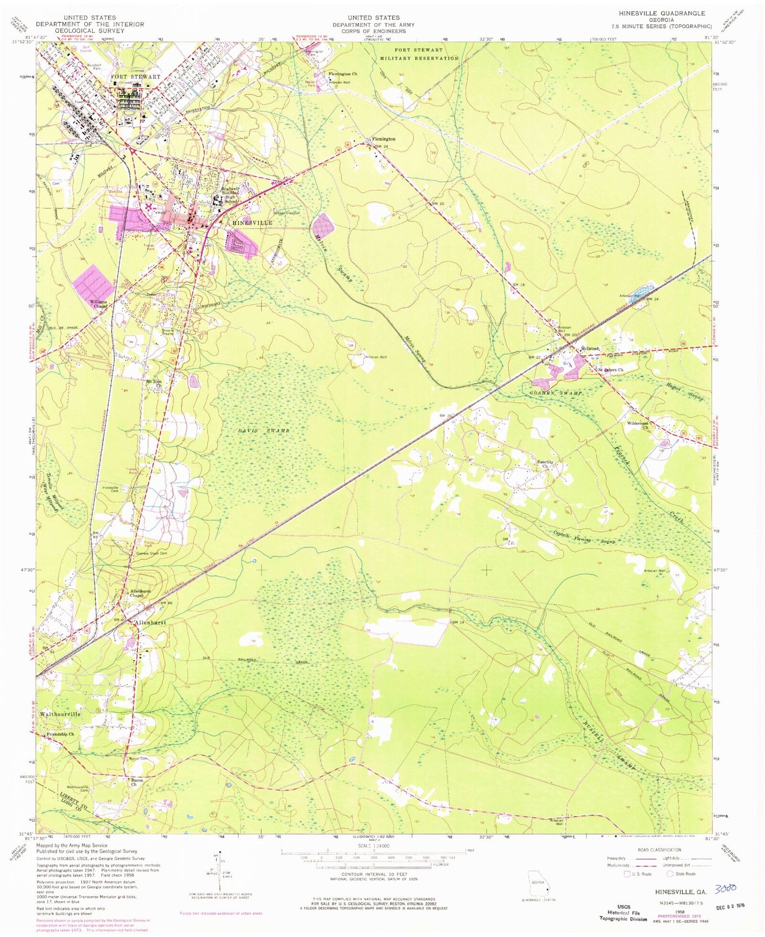 Classic USGS Hinesville Georgia 7.5'x7.5' Topo Map Image