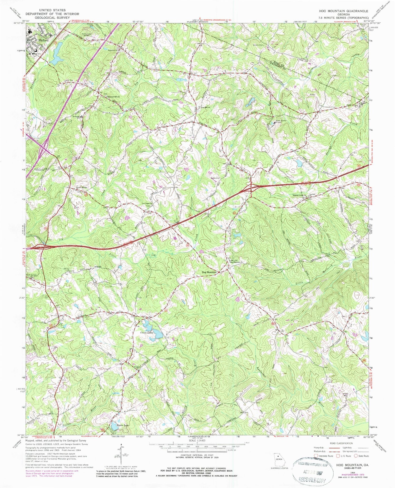 Classic USGS Hog Mountain Georgia 7.5'x7.5' Topo Map Image