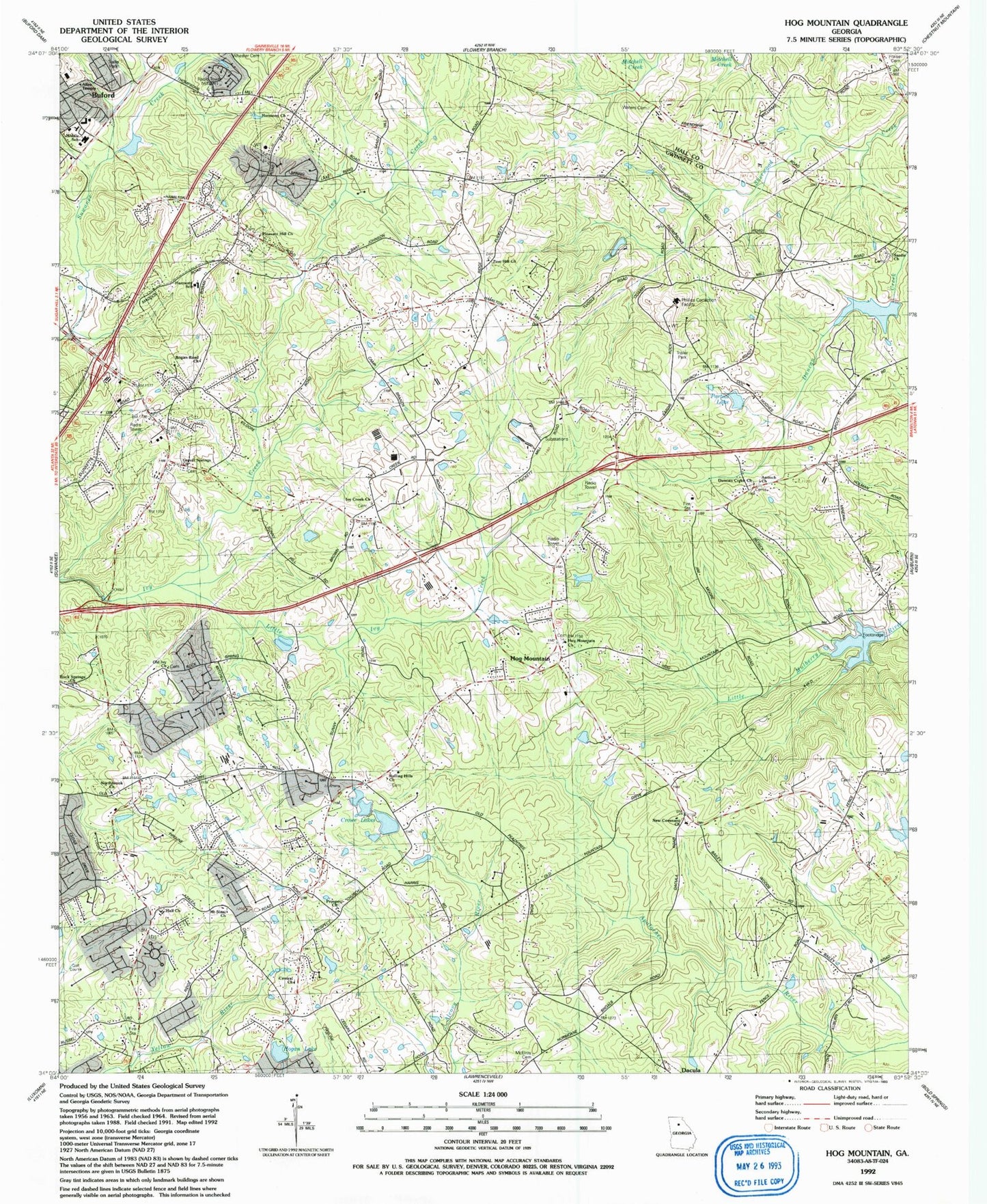 Classic USGS Hog Mountain Georgia 7.5'x7.5' Topo Map Image