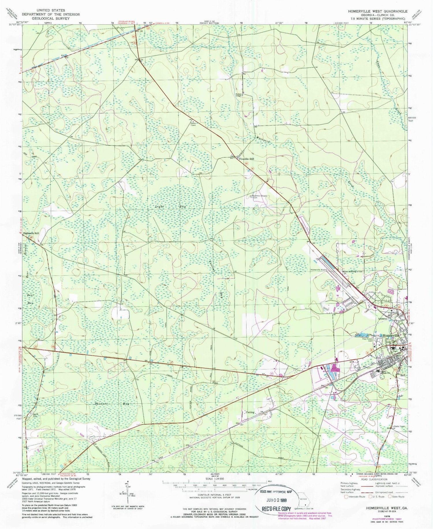 Classic USGS Homerville West Georgia 7.5'x7.5' Topo Map Image