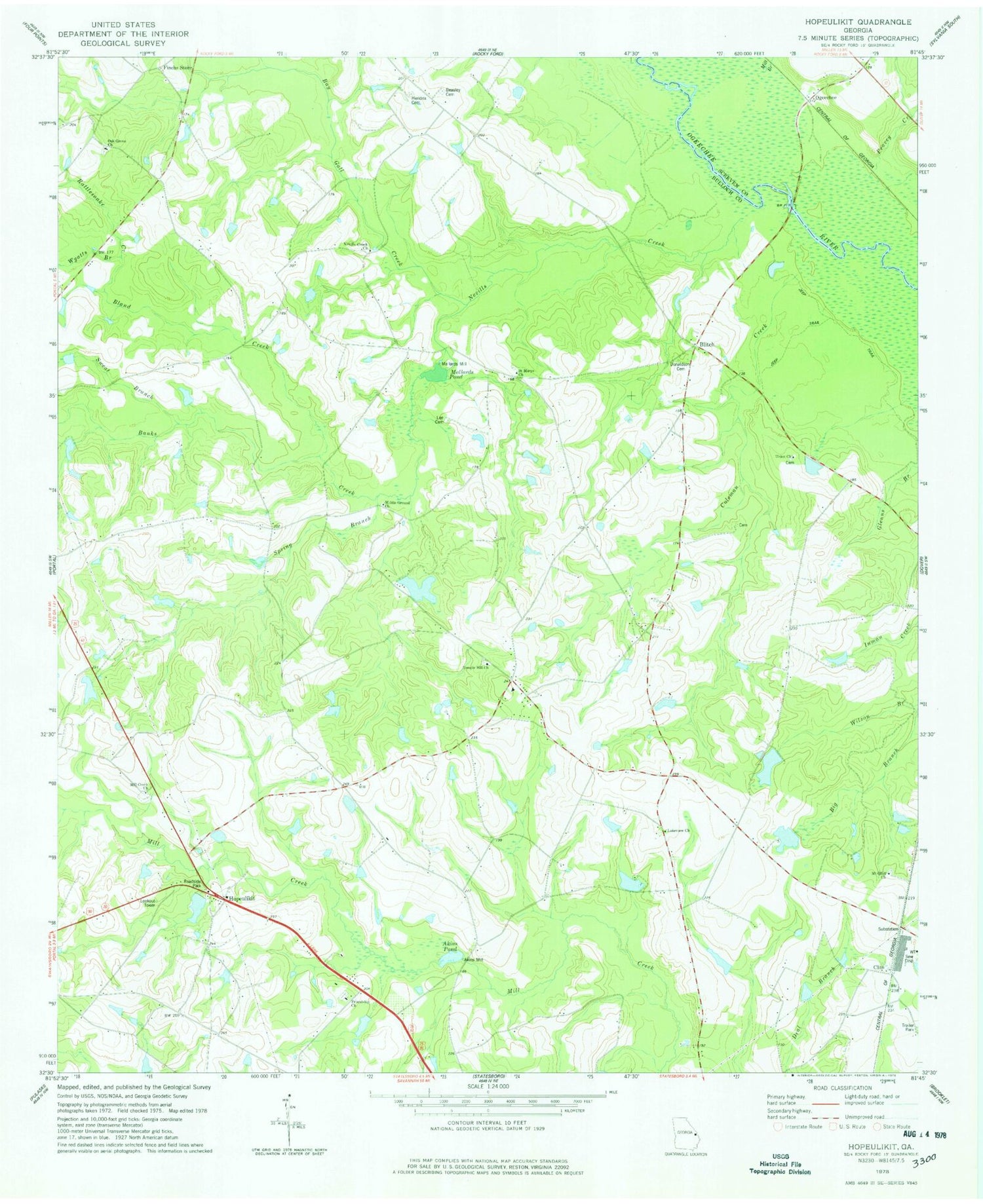 Classic USGS Hopeulikit Georgia 7.5'x7.5' Topo Map Image