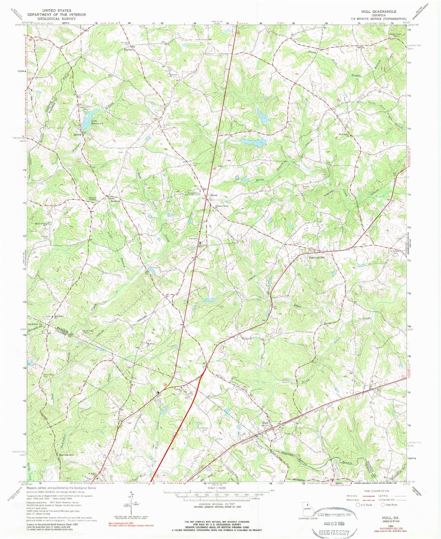 Classic USGS Hull Georgia 7.5'x7.5' Topo Map Image