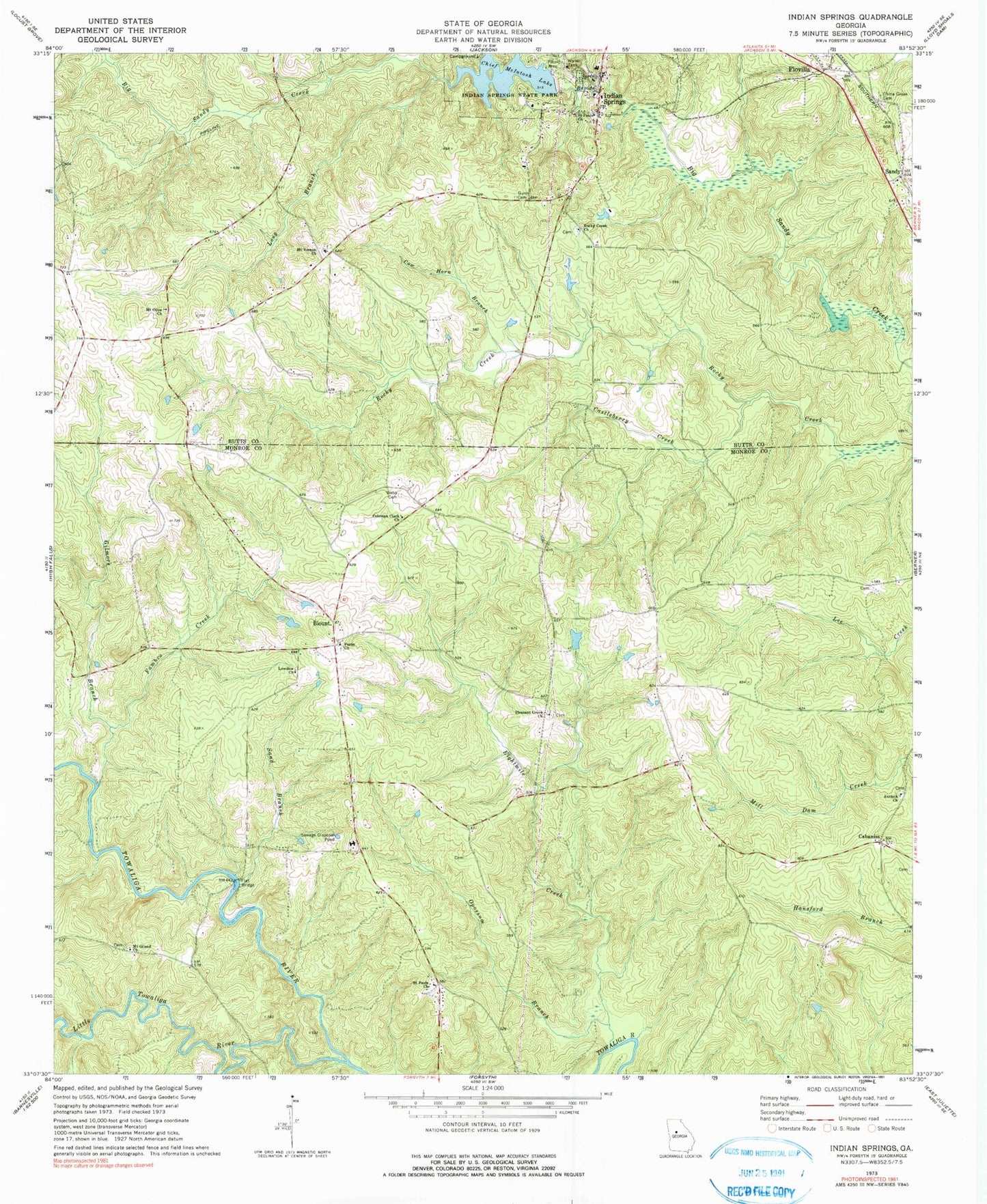 Classic USGS Indian Springs Georgia 7.5'x7.5' Topo Map Image