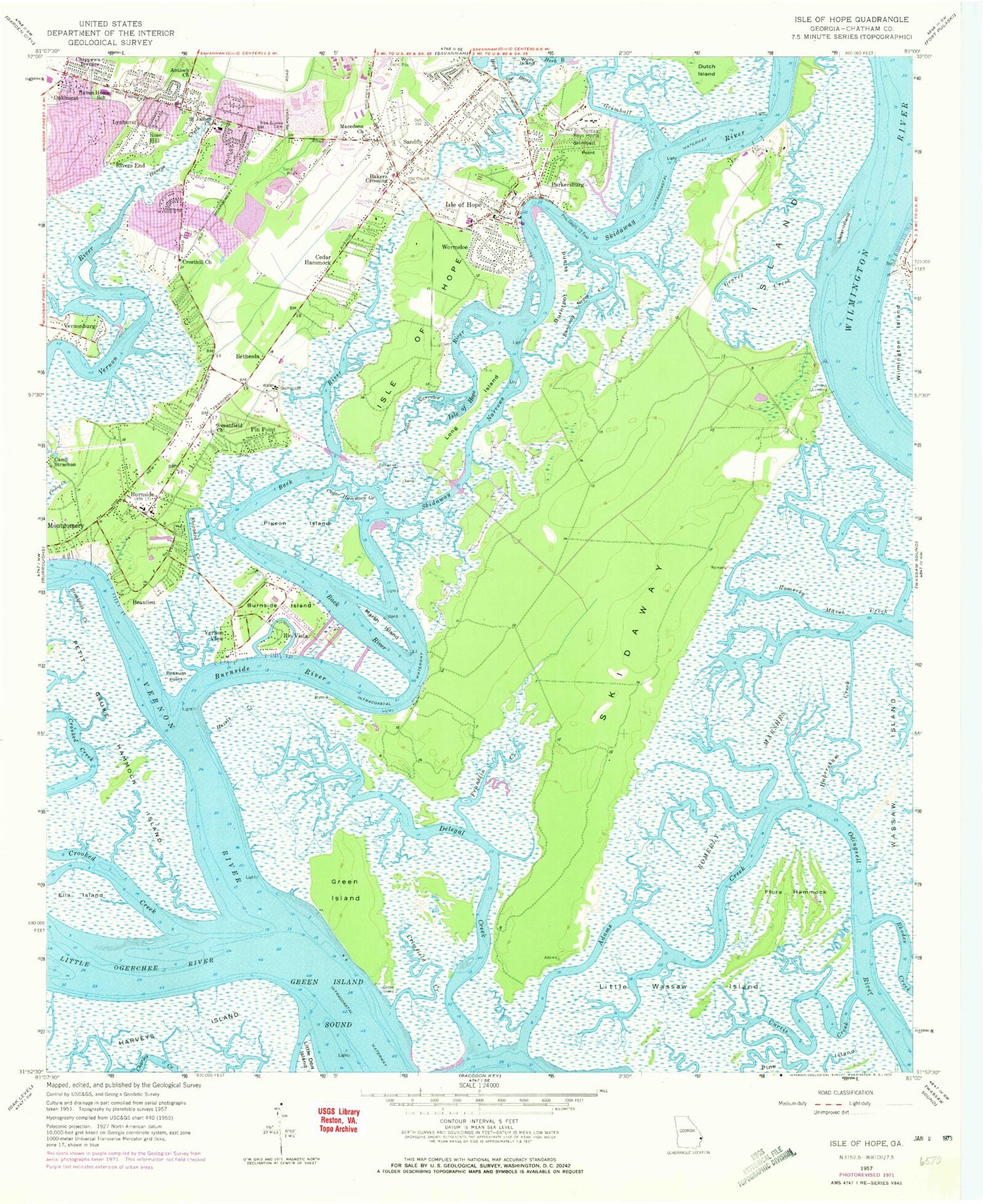 Classic USGS Isle of Hope Georgia 7.5'x7.5' Topo Map Image