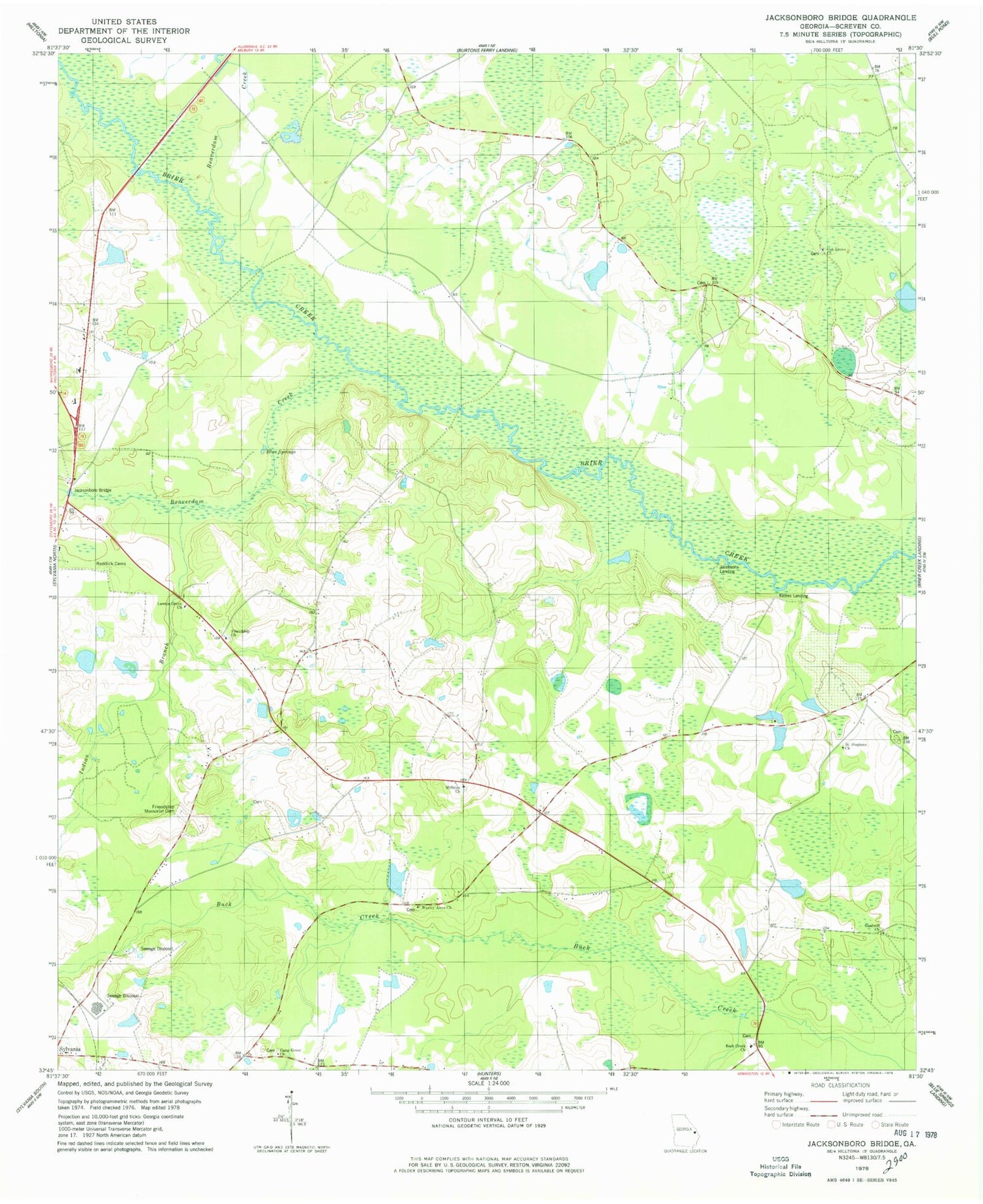 Classic USGS Jacksonboro Bridge Georgia 7.5'x7.5' Topo Map Image