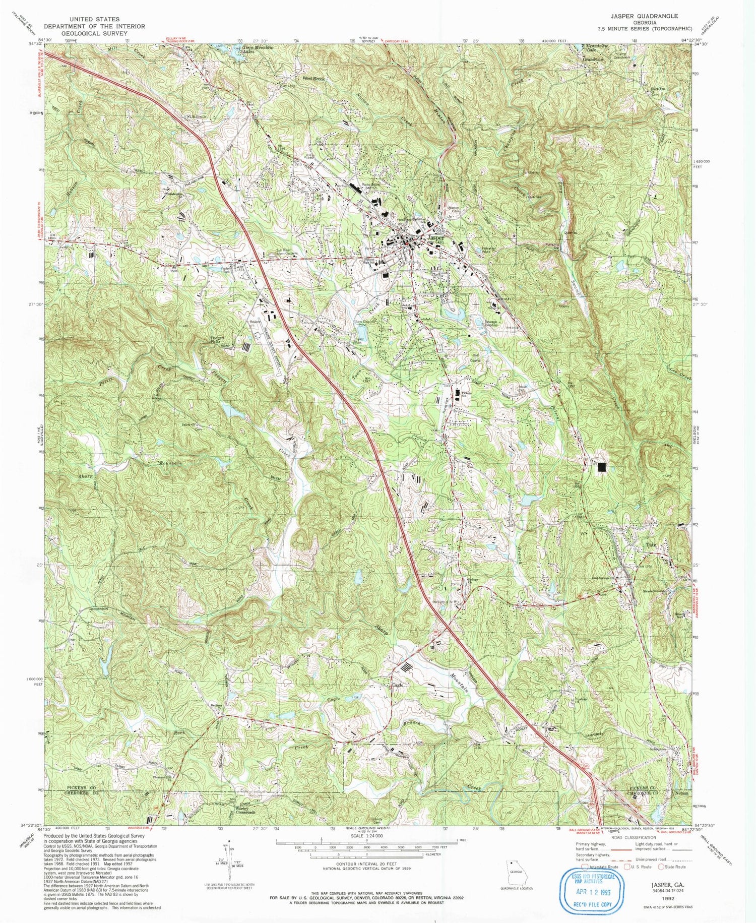 Classic USGS Jasper Georgia 7.5'x7.5' Topo Map Image