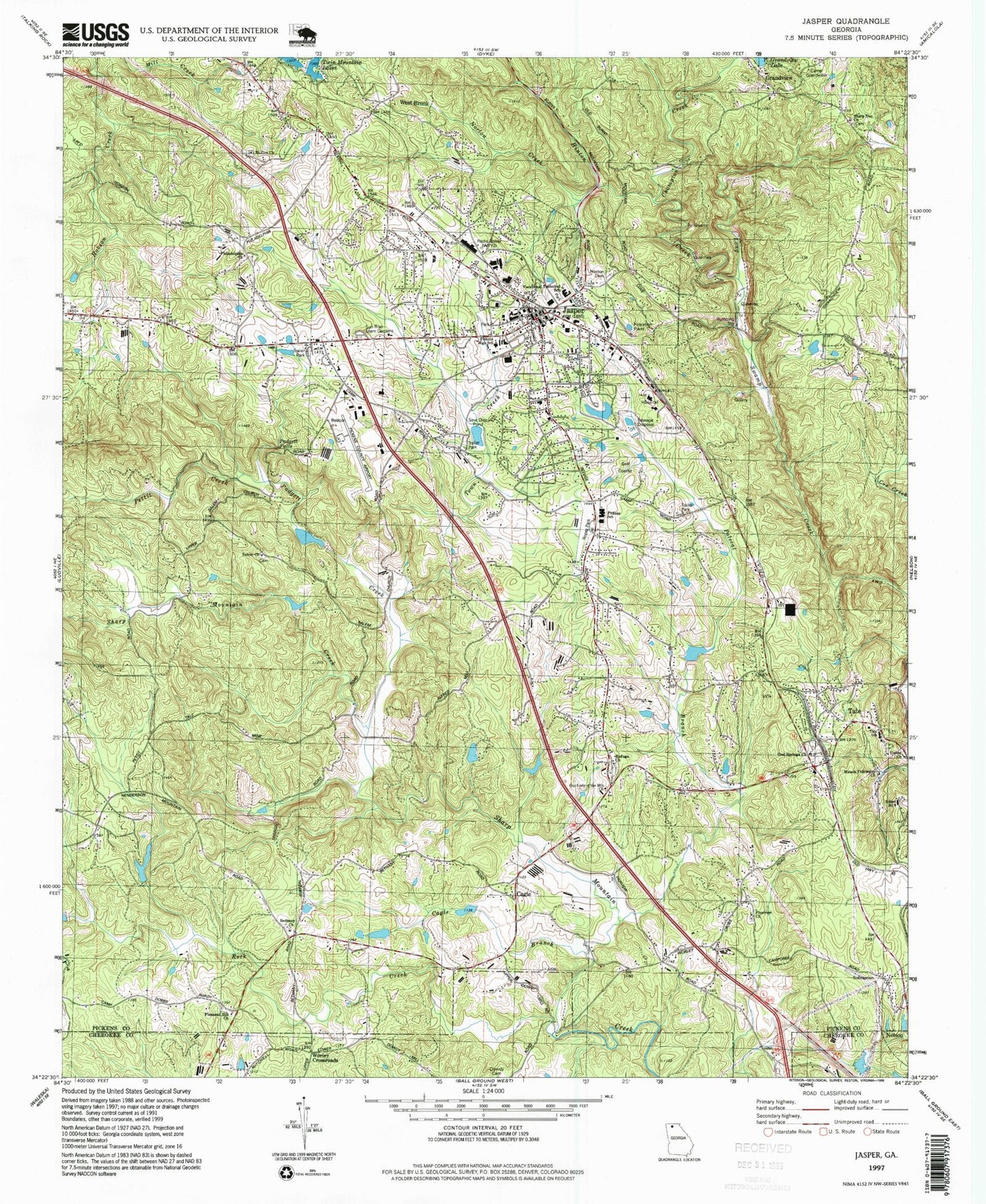 Classic USGS Jasper Georgia 7.5'x7.5' Topo Map Image