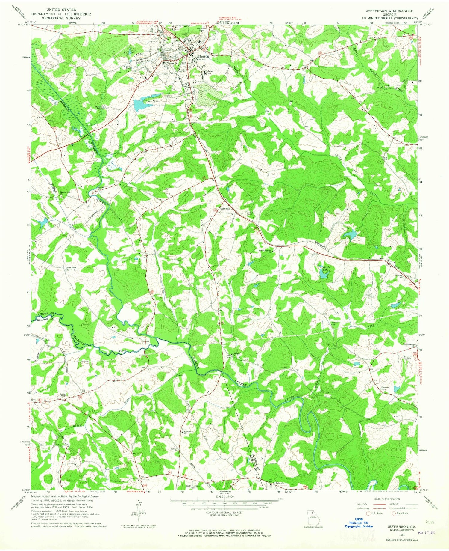 Classic USGS Jefferson Georgia 7.5'x7.5' Topo Map Image