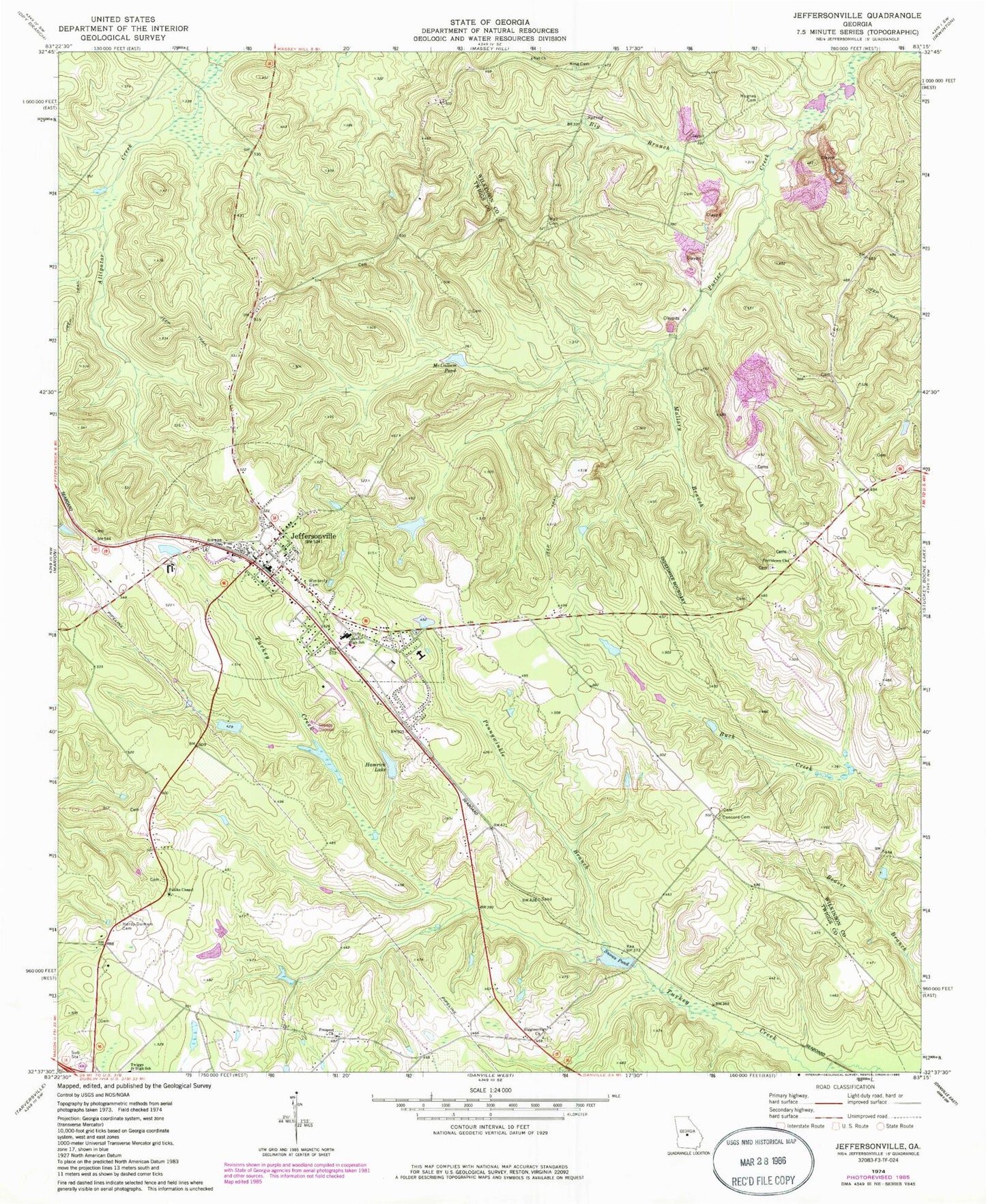 Classic USGS Jeffersonville Georgia 7.5'x7.5' Topo Map Image