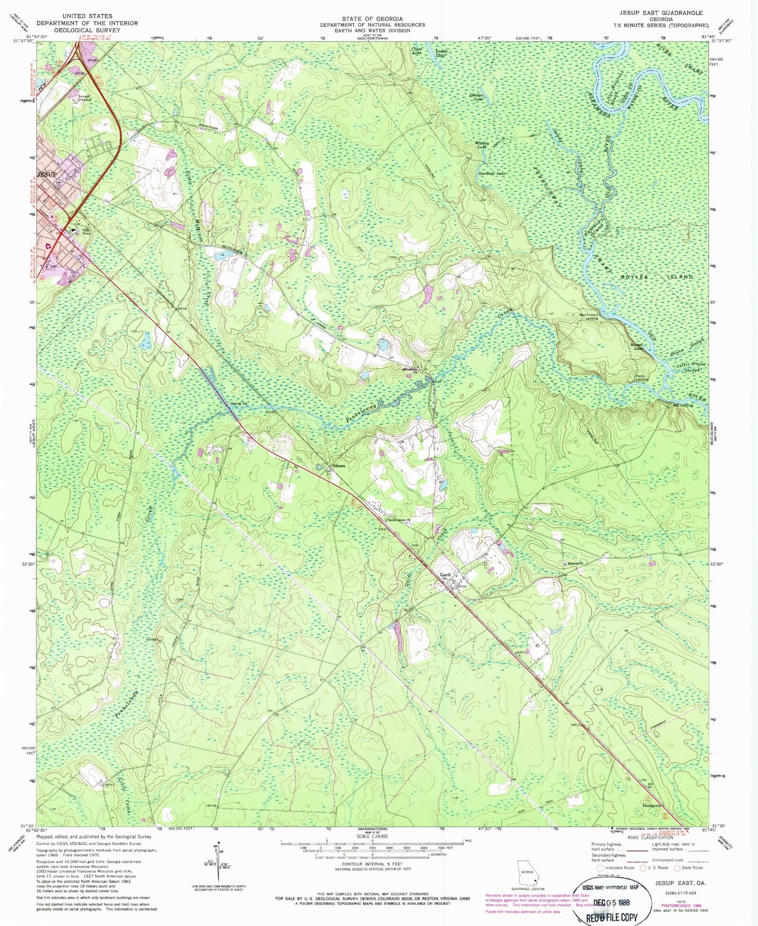 Classic USGS Jesup East Georgia 7.5'x7.5' Topo Map Image