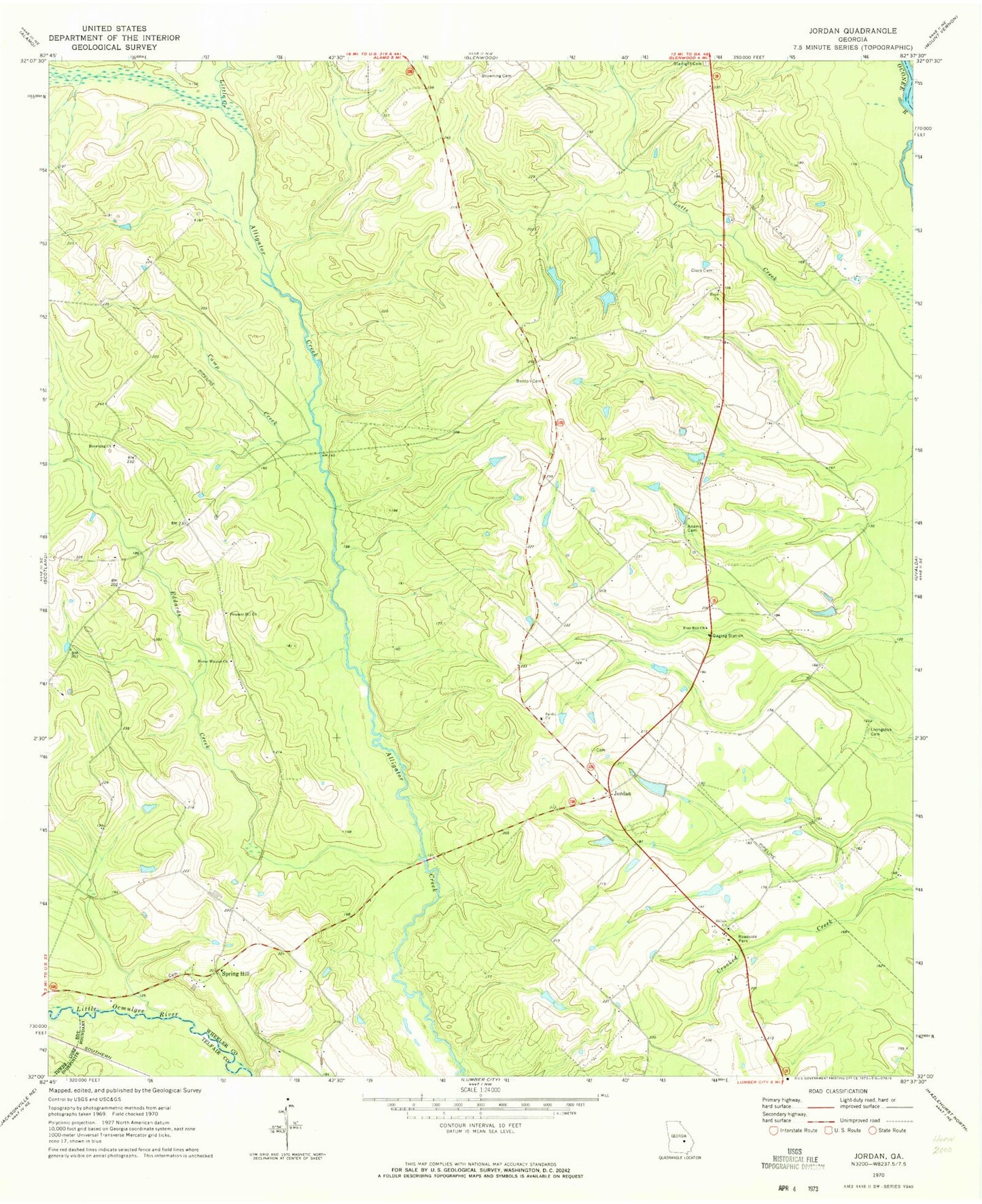 Classic USGS Jordan Georgia 7.5'x7.5' Topo Map Image