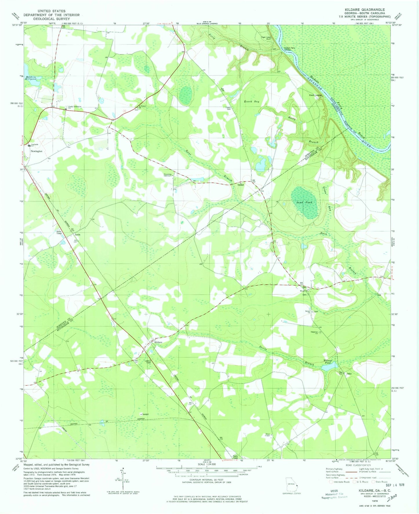 Classic USGS Kildare Georgia 7.5'x7.5' Topo Map Image