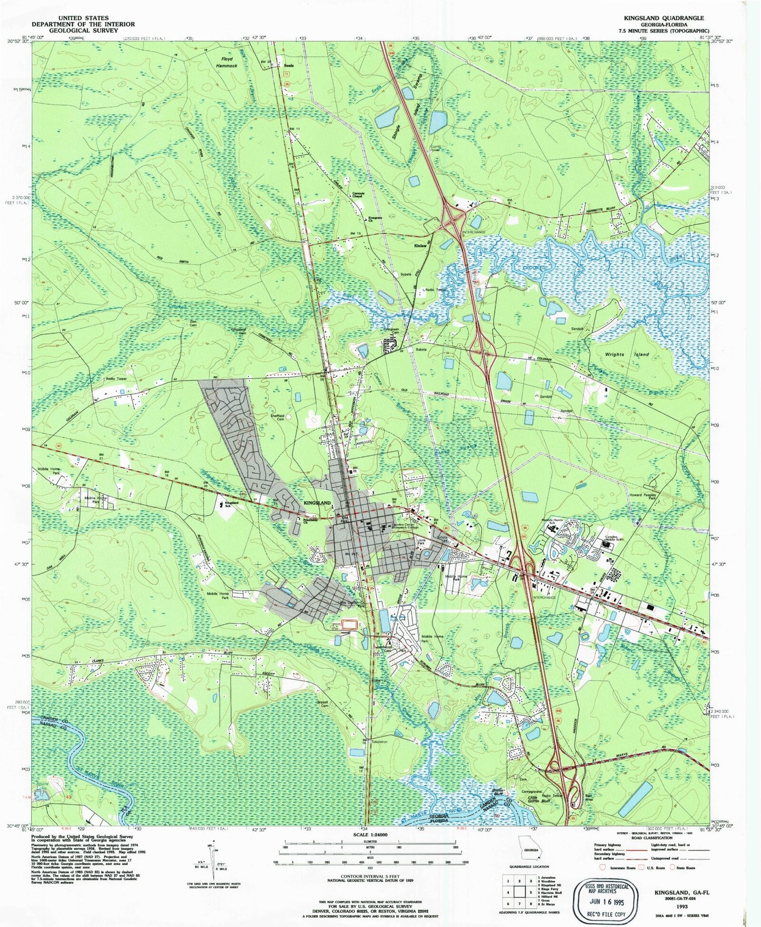 Classic USGS Kingsland Georgia 7.5'x7.5' Topo Map Image