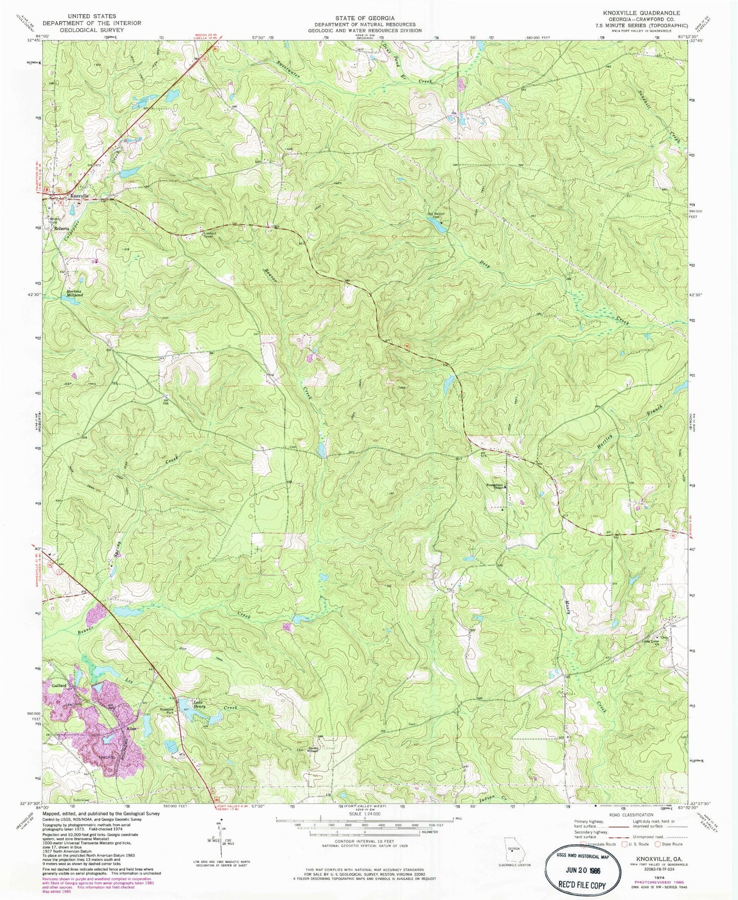 Classic USGS Knoxville Georgia 7.5'x7.5' Topo Map Image