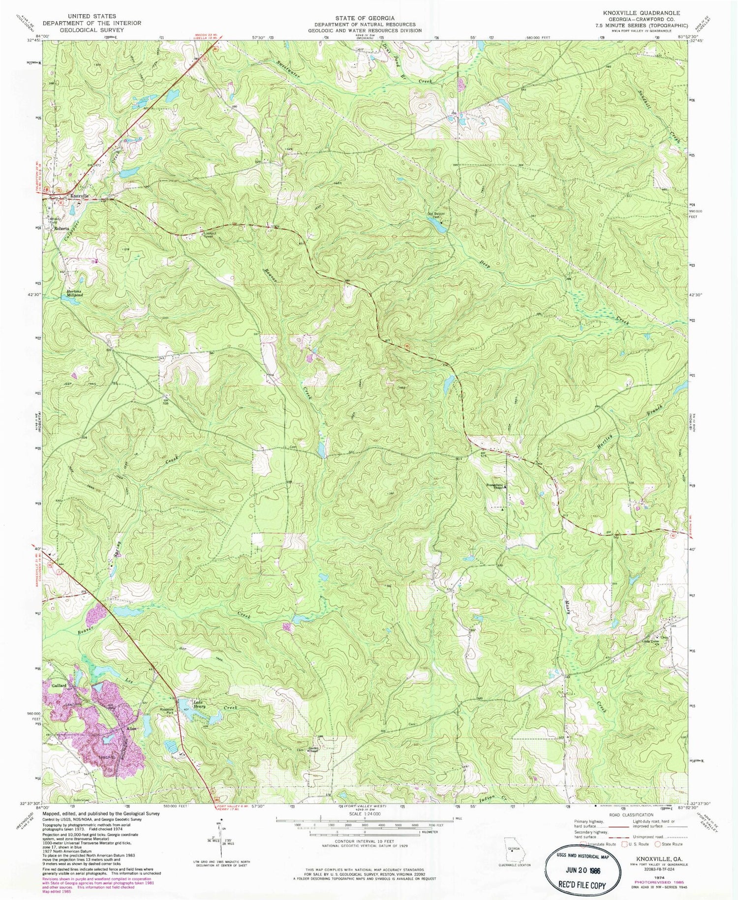 Classic USGS Knoxville Georgia 7.5'x7.5' Topo Map Image