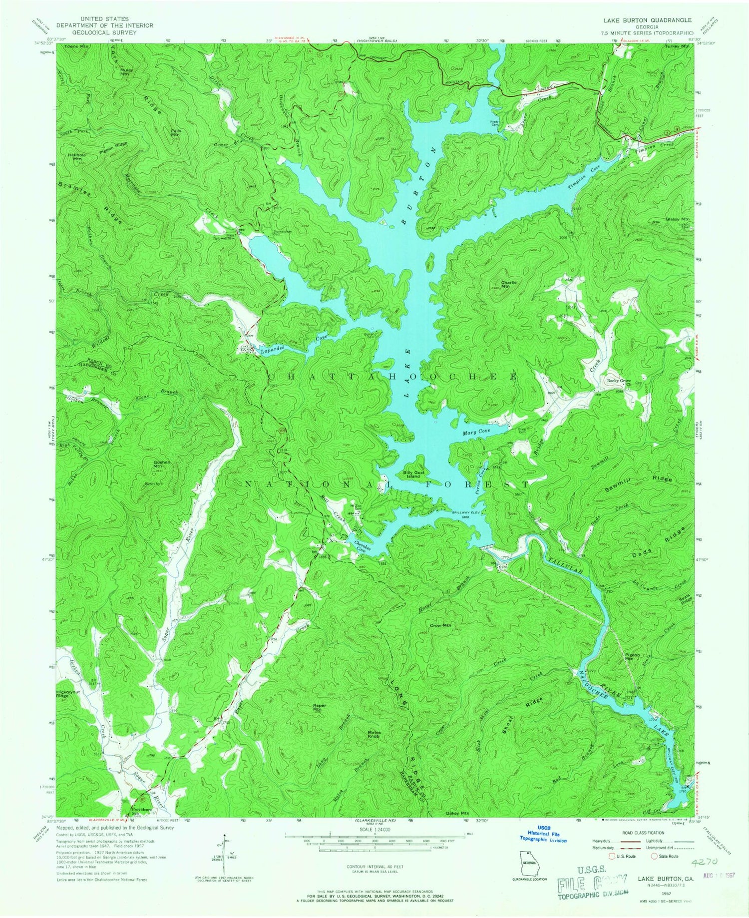 Classic USGS Lake Burton Georgia 7.5'x7.5' Topo Map Image