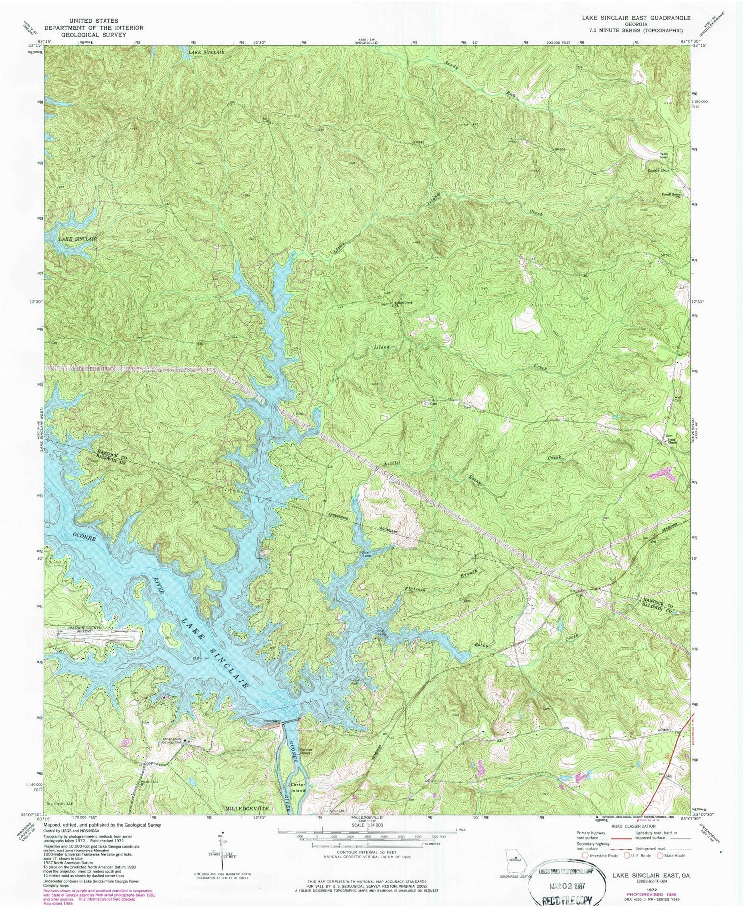 Classic USGS Lake Sinclair East Georgia 7.5'x7.5' Topo Map Image