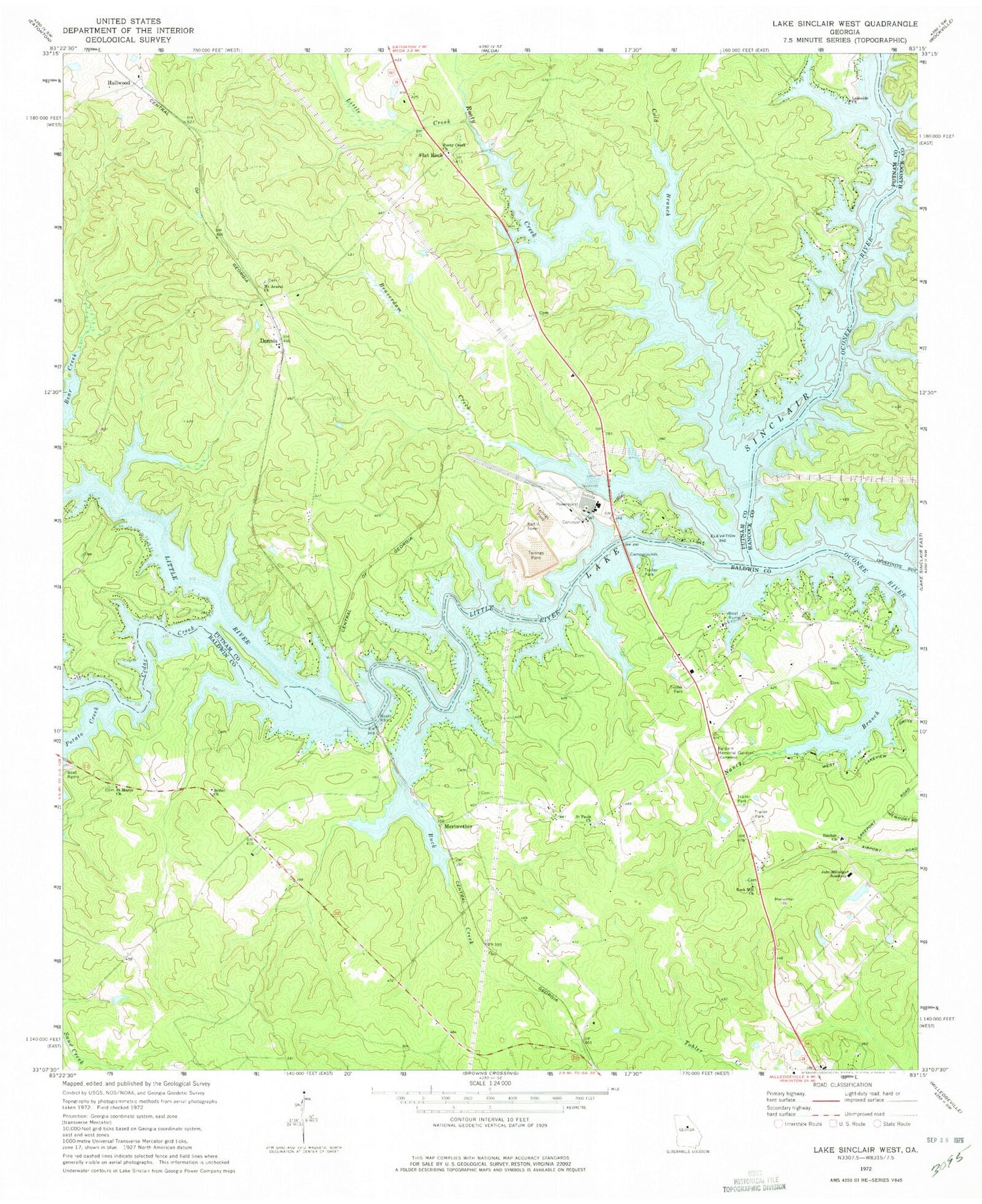 Classic USGS Lake Sinclair West Georgia 7.5'x7.5' Topo Map Image