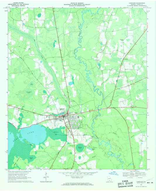 Classic USGS Lakeland Georgia 7.5'x7.5' Topo Map Image