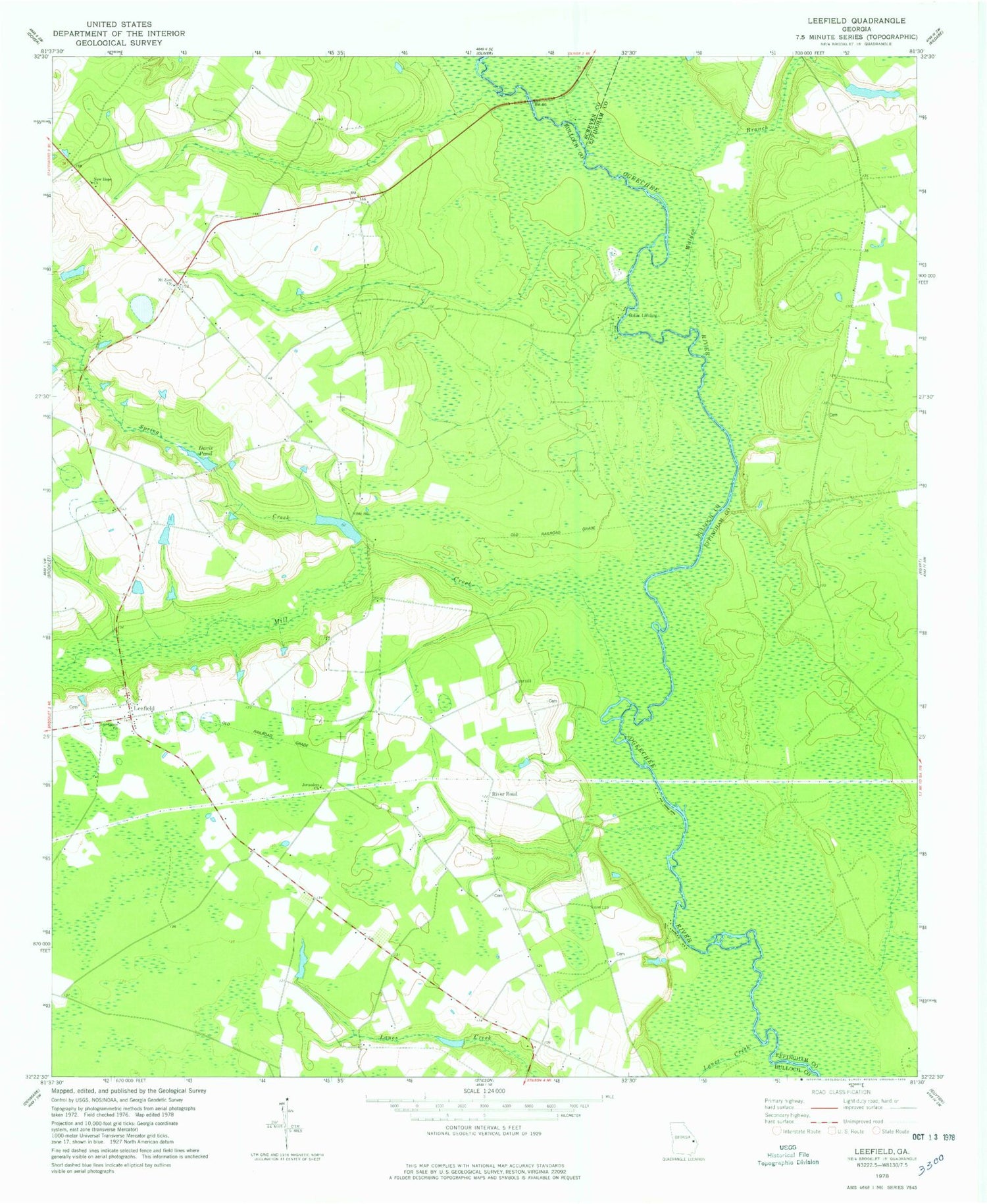 Classic USGS Leefield Georgia 7.5'x7.5' Topo Map Image