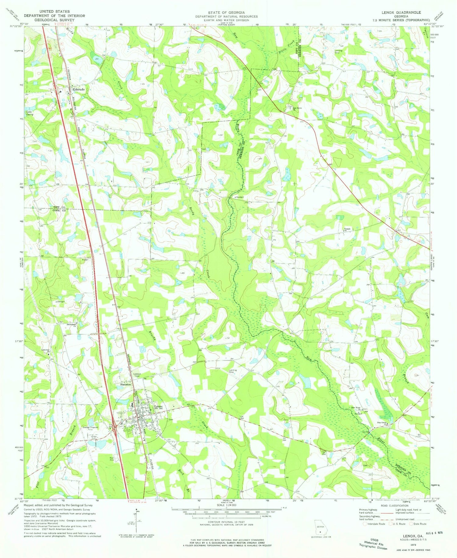 Classic USGS Lenox Georgia 7.5'x7.5' Topo Map Image