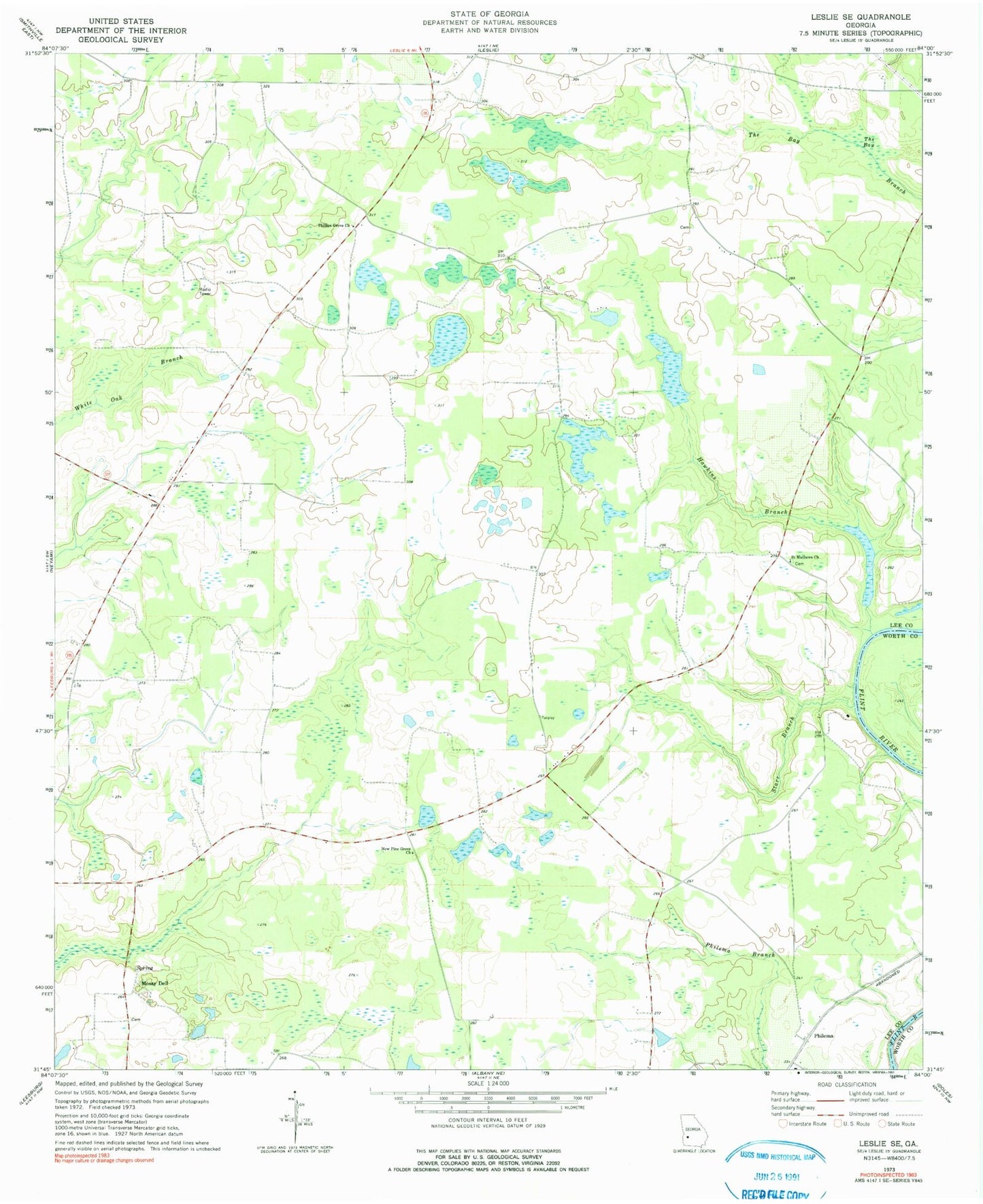 Classic USGS Leslie SE Georgia 7.5'x7.5' Topo Map Image