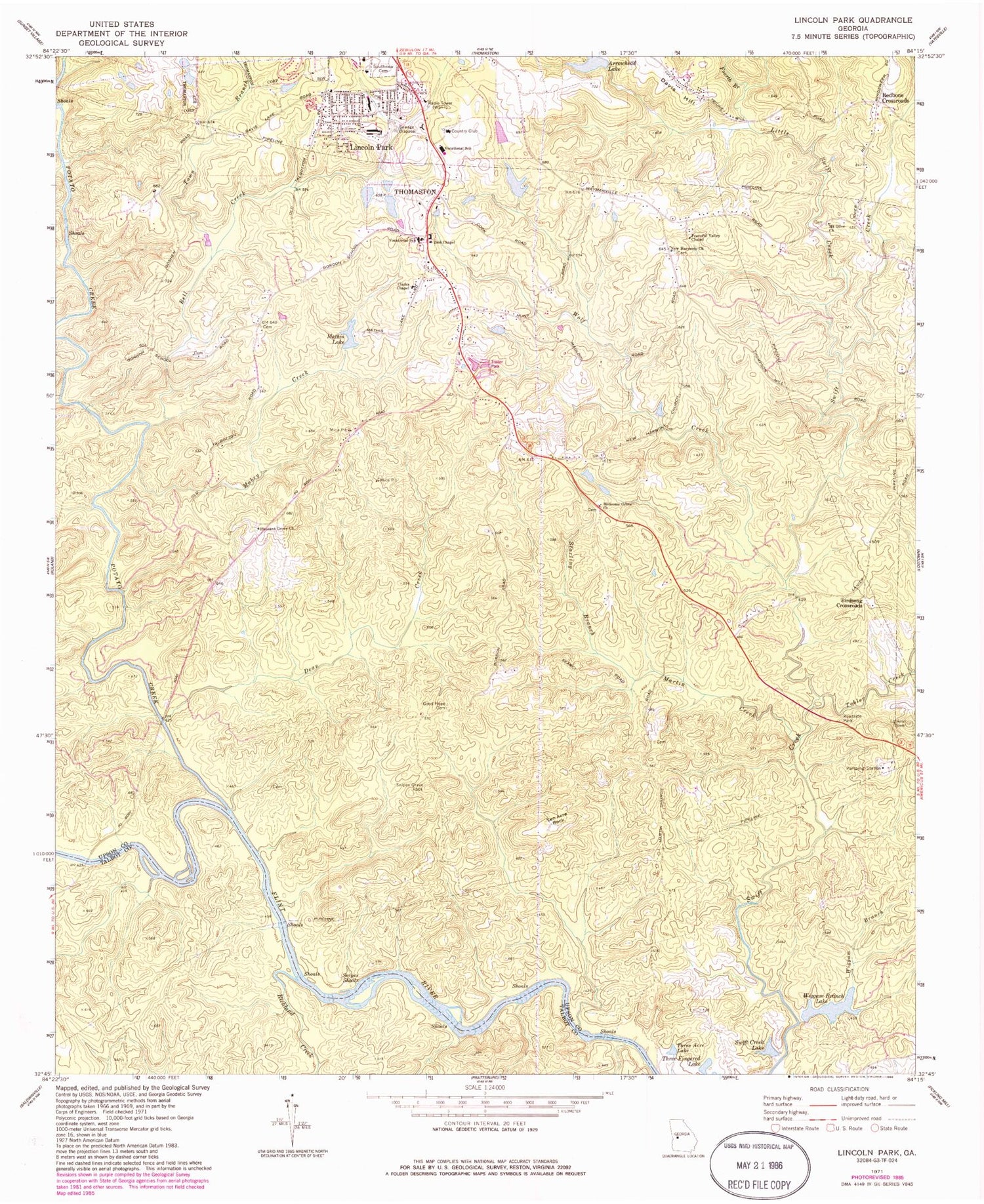 Classic USGS Lincoln Park Georgia 7.5'x7.5' Topo Map Image