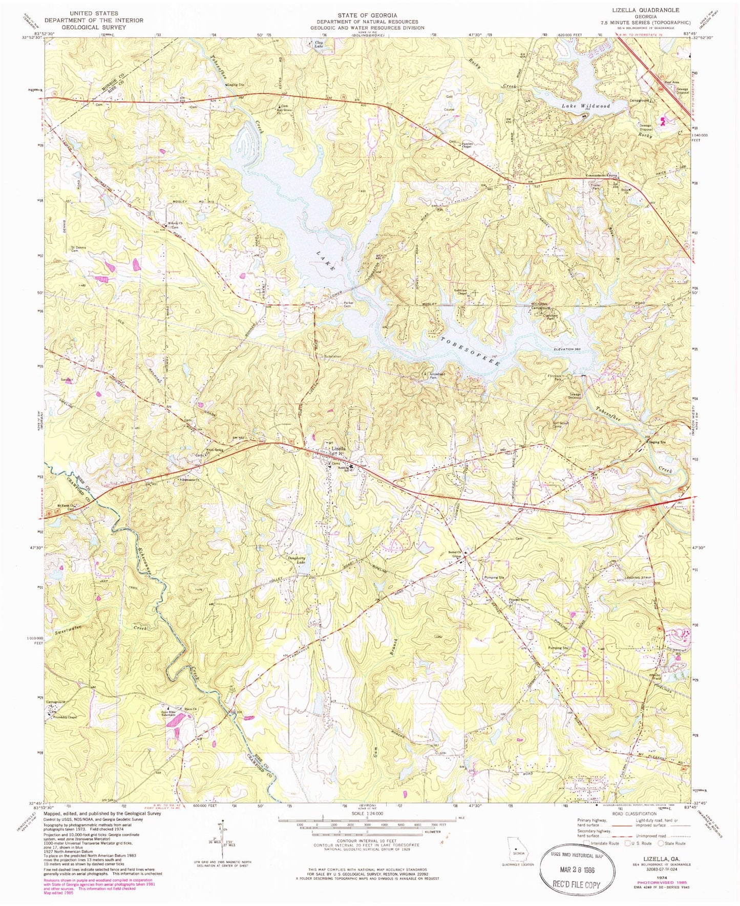 Classic USGS Lizella Georgia 7.5'x7.5' Topo Map Image