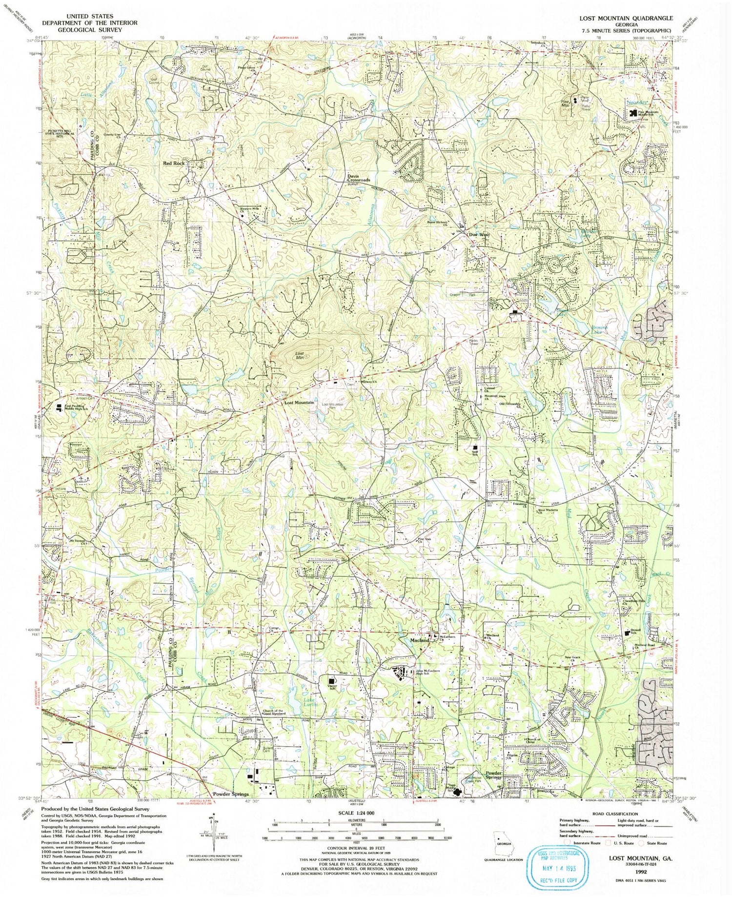 Classic USGS Lost Mountain Georgia 7.5'x7.5' Topo Map Image