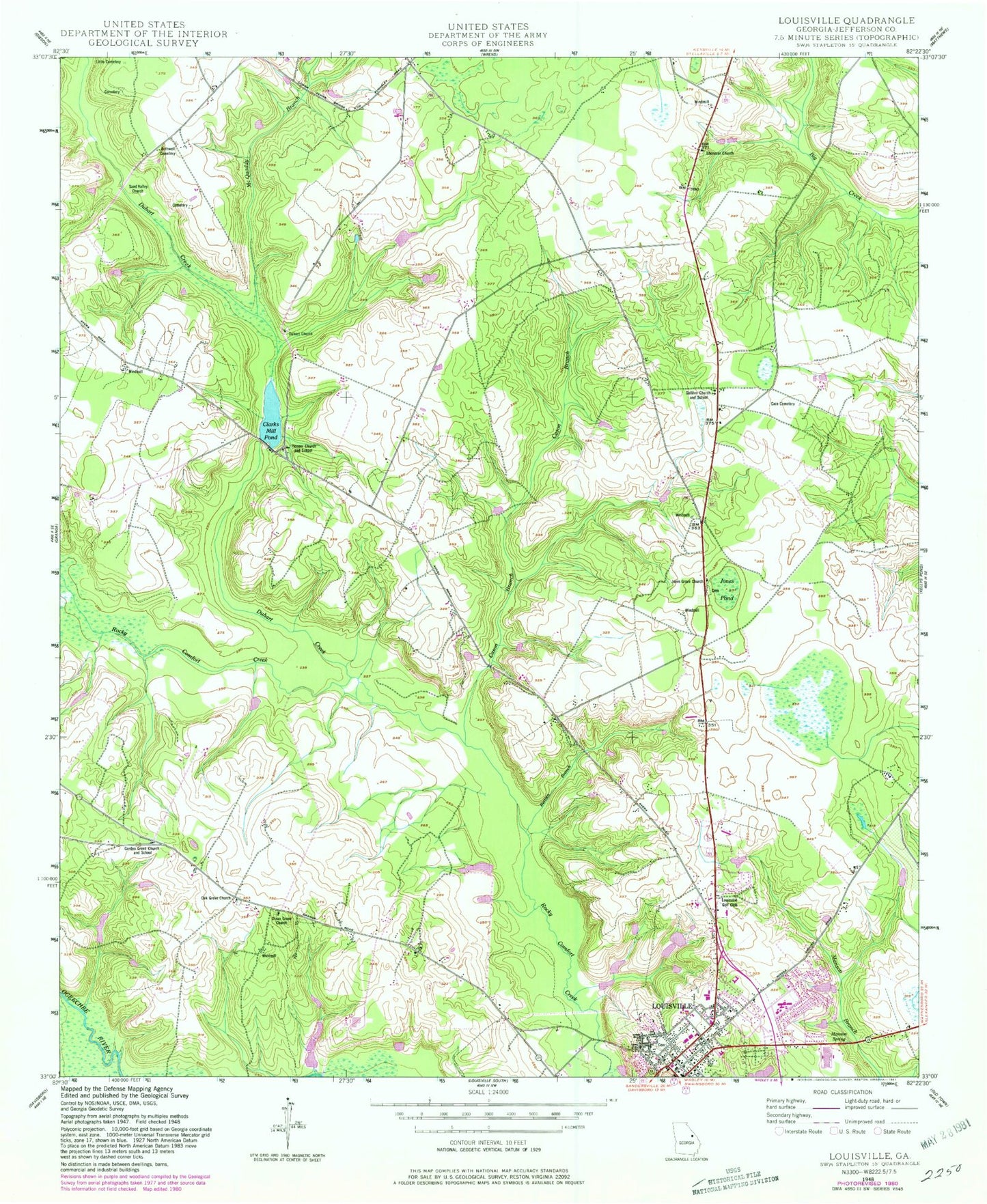 Classic USGS Louisville Georgia 7.5'x7.5' Topo Map Image