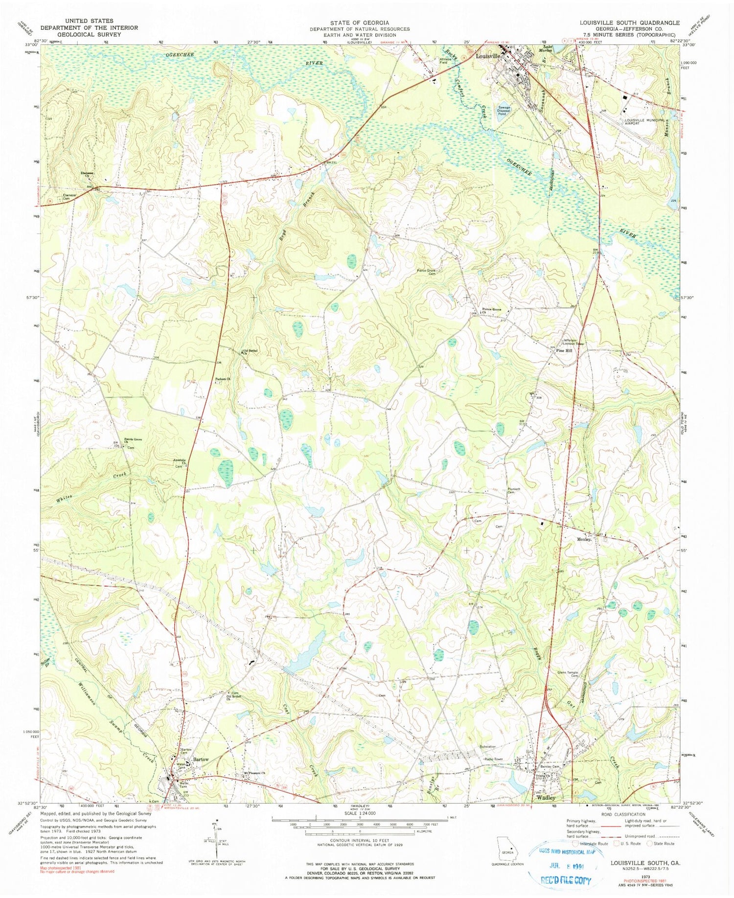 Classic USGS Louisville South Georgia 7.5'x7.5' Topo Map Image