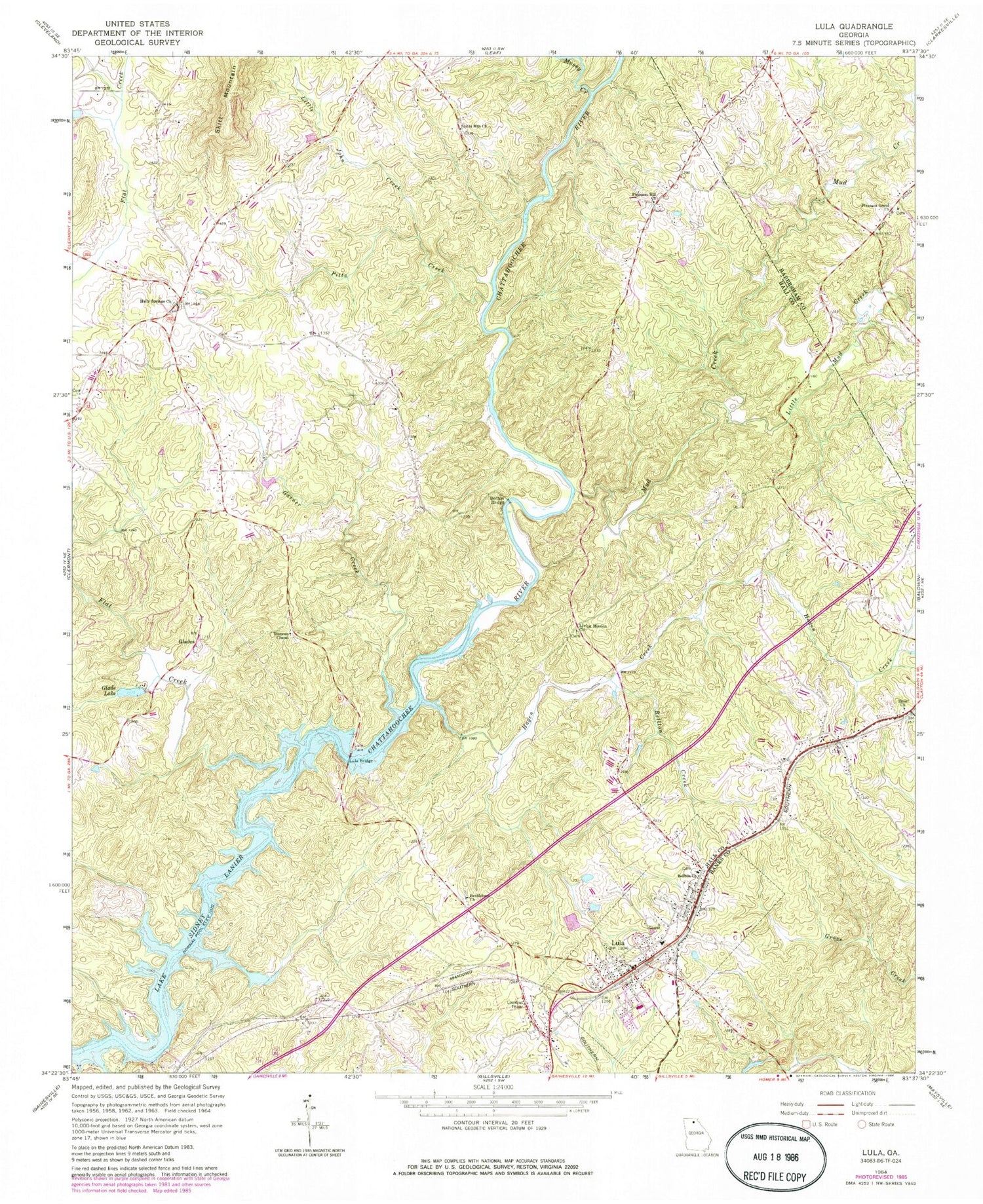 Classic USGS Lula Georgia 7.5'x7.5' Topo Map Image
