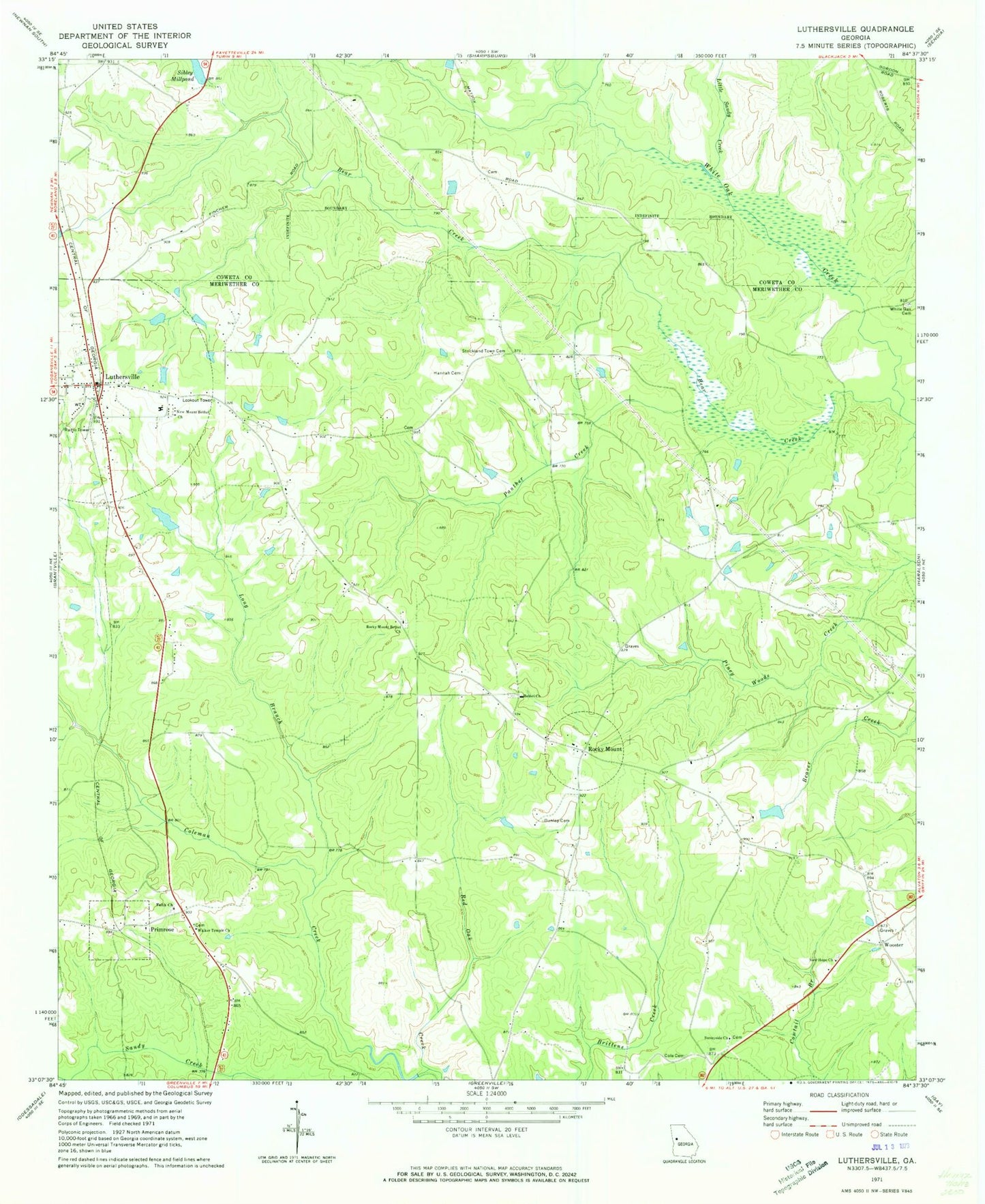 Classic USGS Luthersville Georgia 7.5'x7.5' Topo Map Image