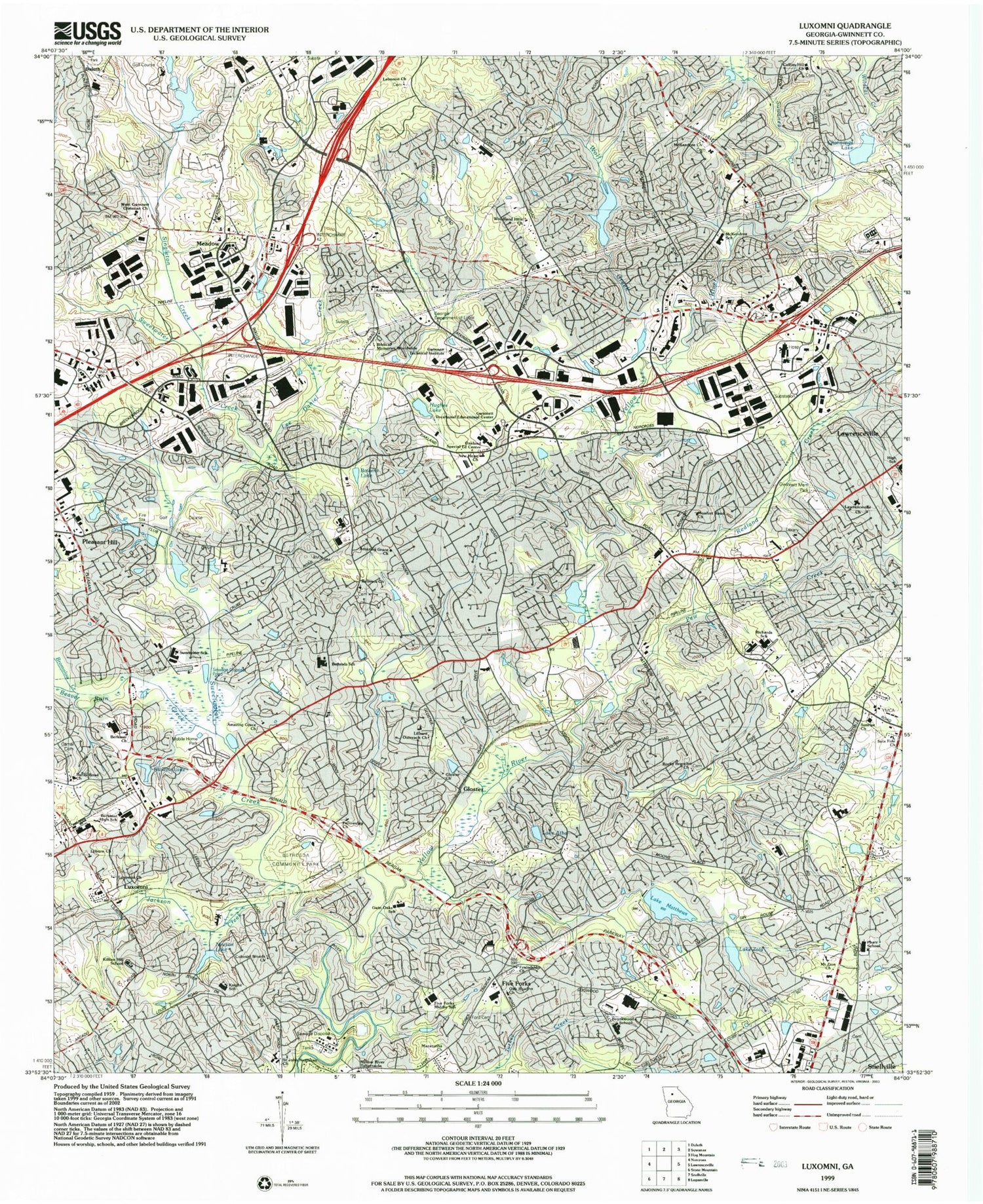 Classic USGS Luxomni Georgia 7.5'x7.5' Topo Map Image