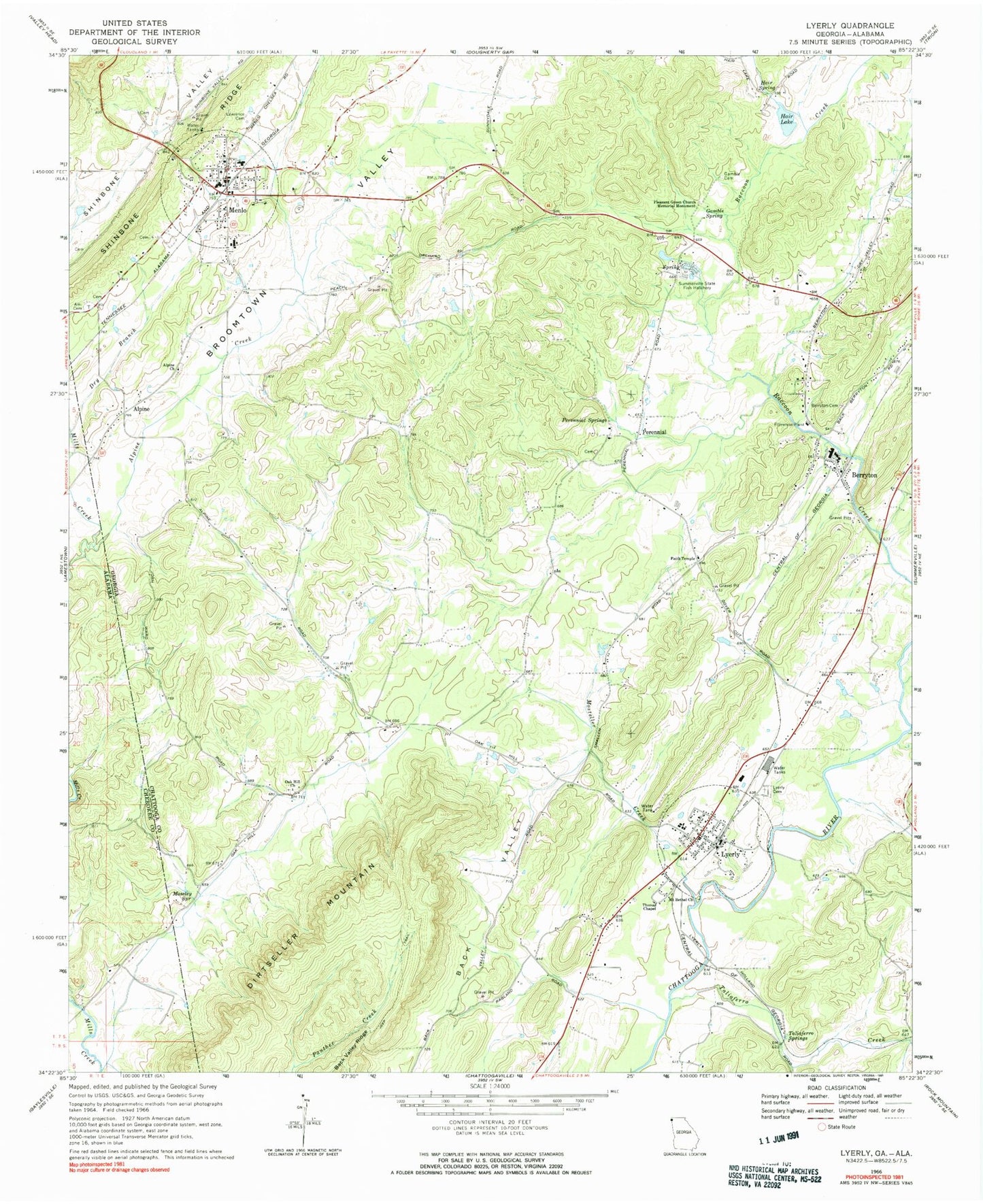Classic USGS Lyerly Georgia 7.5'x7.5' Topo Map Image