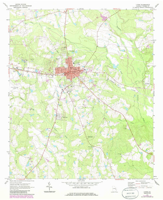 Classic USGS Lyons Georgia 7.5'x7.5' Topo Map Image
