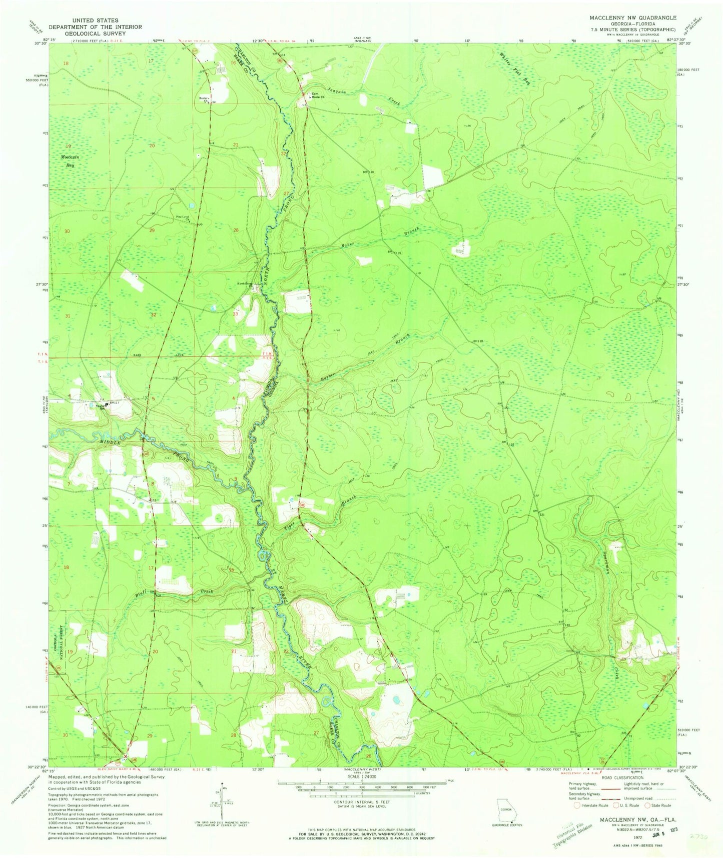 Classic USGS Macclenny NW Georgia 7.5'x7.5' Topo Map Image