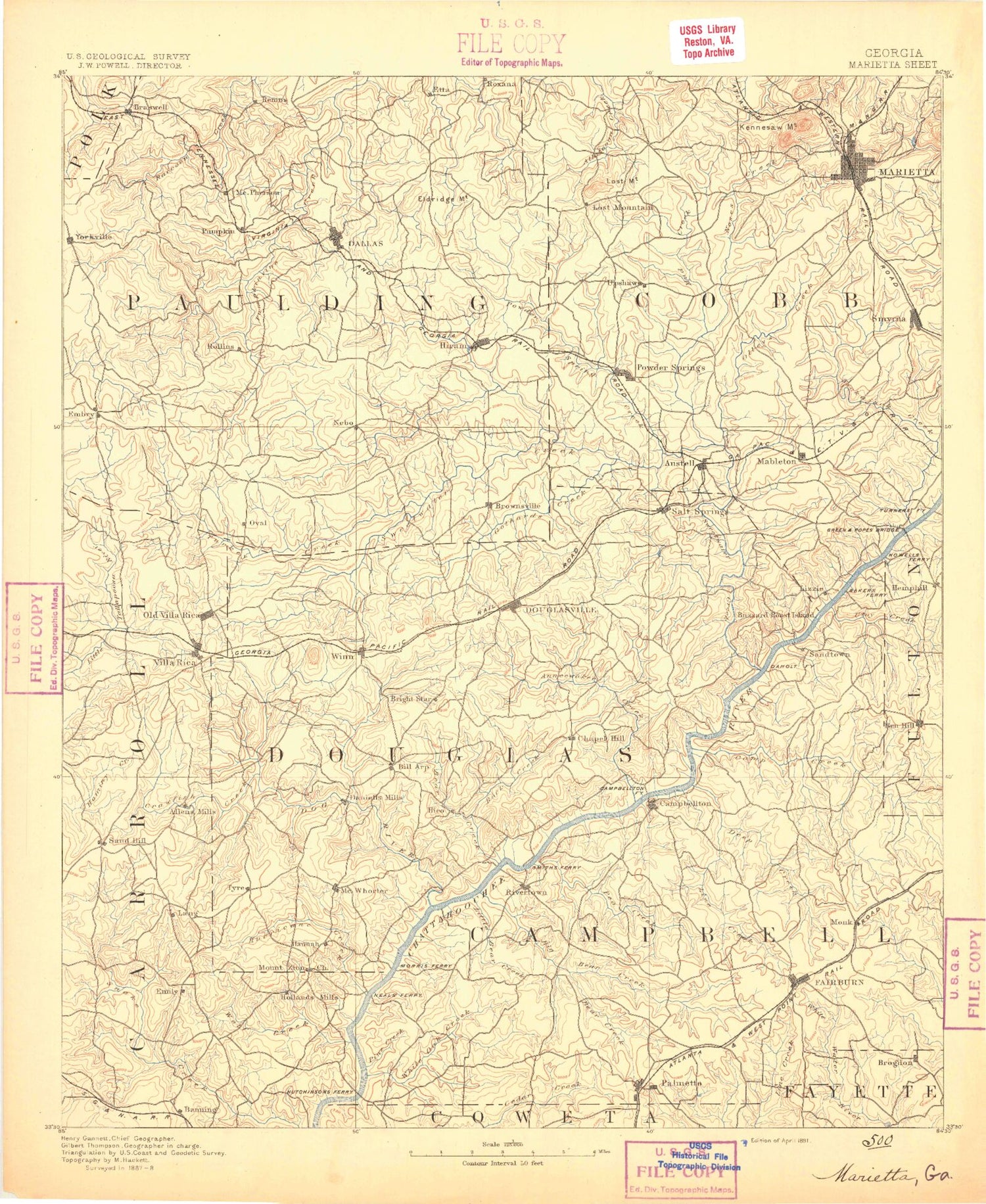 Historic 1891 Marietta Georgia 30'x30' Topo Map Image