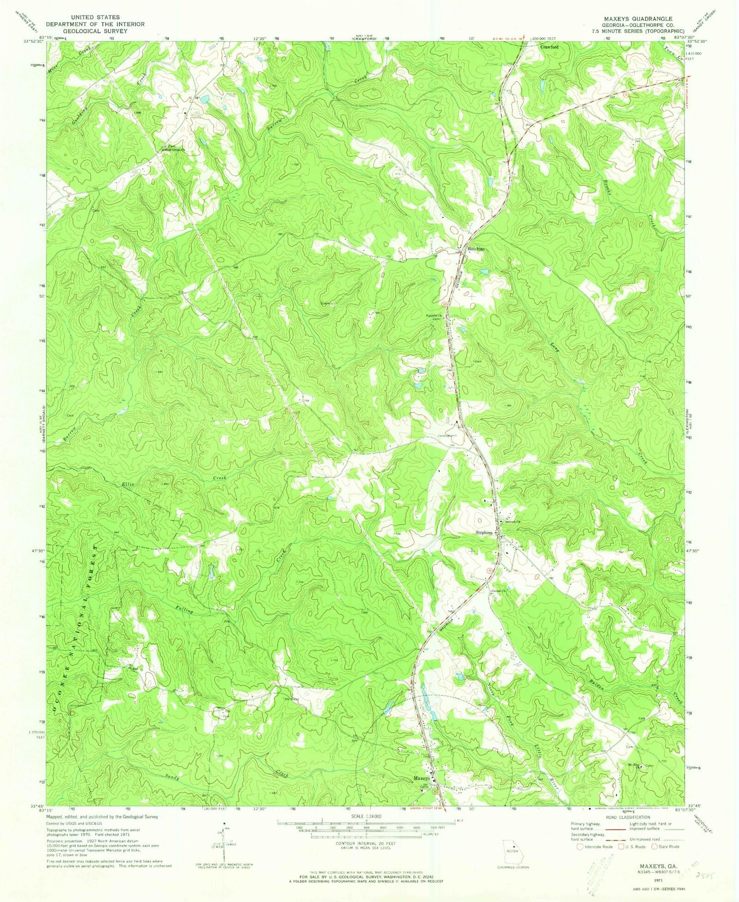 Classic USGS Maxeys Georgia 7.5'x7.5' Topo Map Image