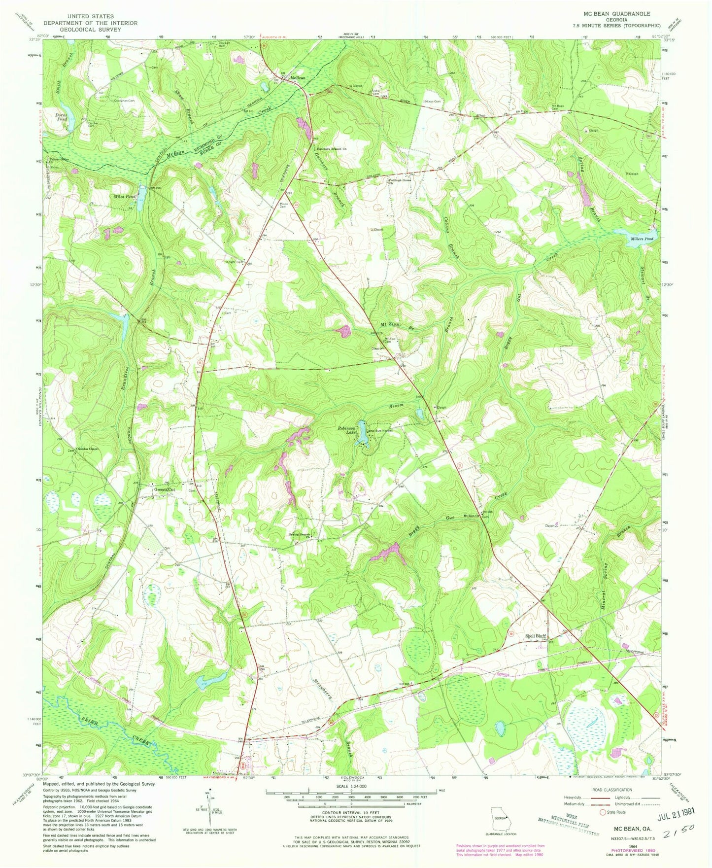 Classic USGS McBean Georgia 7.5'x7.5' Topo Map Image