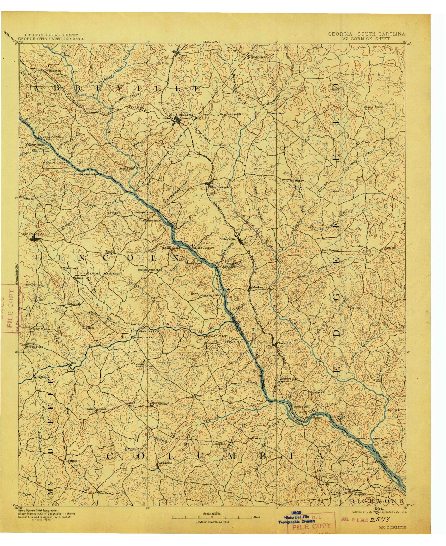 Historic 1912 McCormick South Carolina 30'x30' Topo Map Image