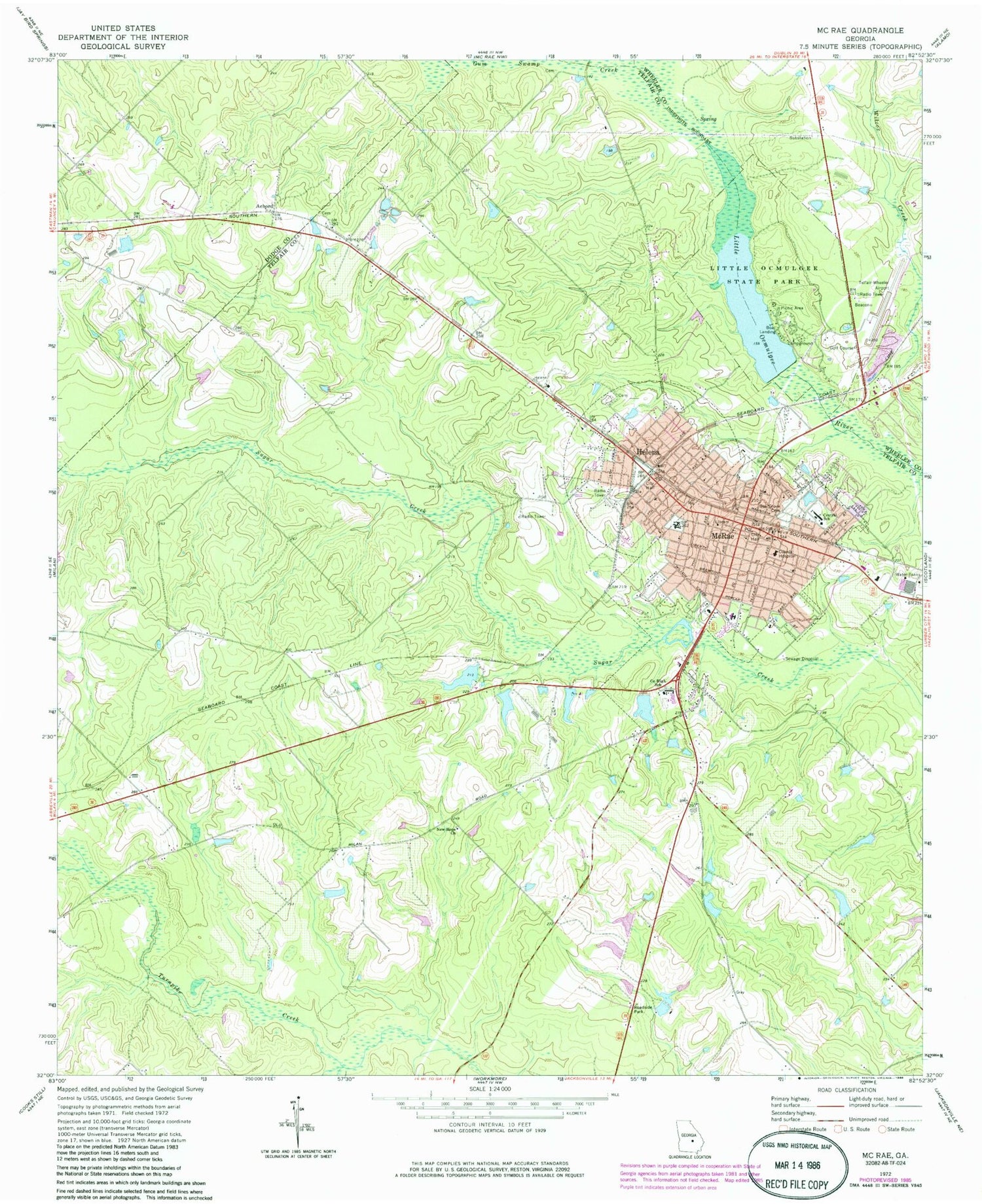 Classic USGS McRae Georgia 7.5'x7.5' Topo Map Image